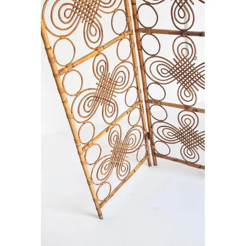 1960s French Three-Panel Bamboo Wicker Rattan Folding Screen