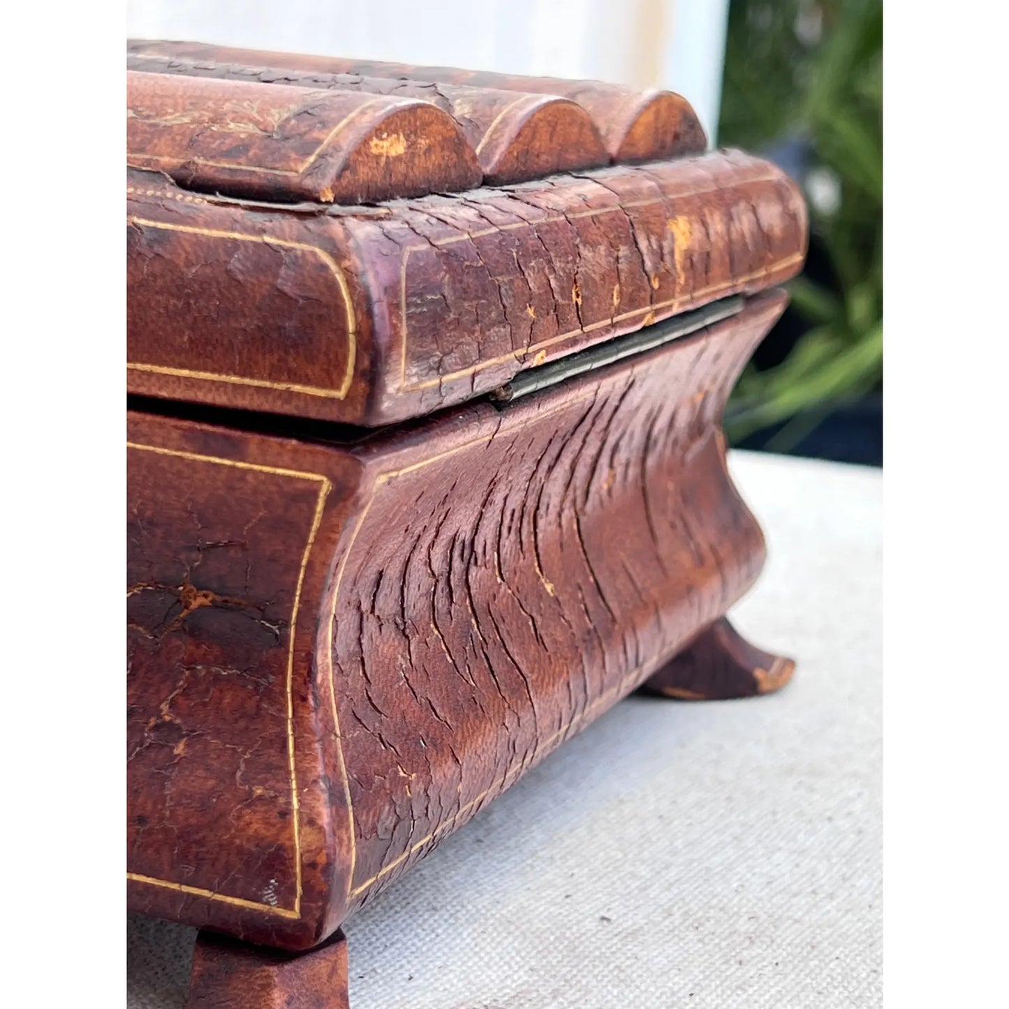 19th Century Small Leather Wrapped Bookend Lid Jewelry Box