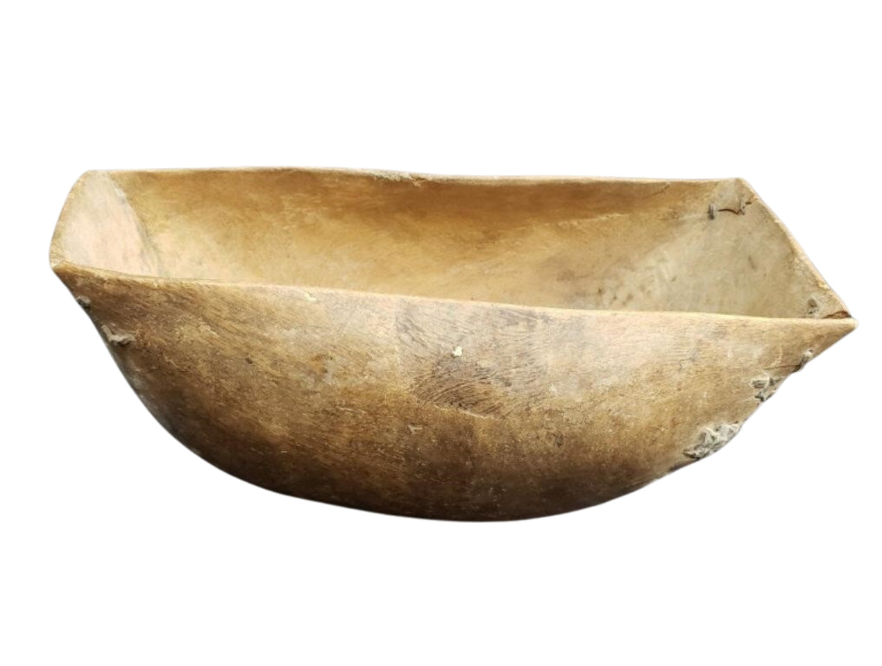 Antique 19th C. Primitive Hand-Carved Wooden Dough Bowl with Stitch Repairs – Rustic Americana Decor
