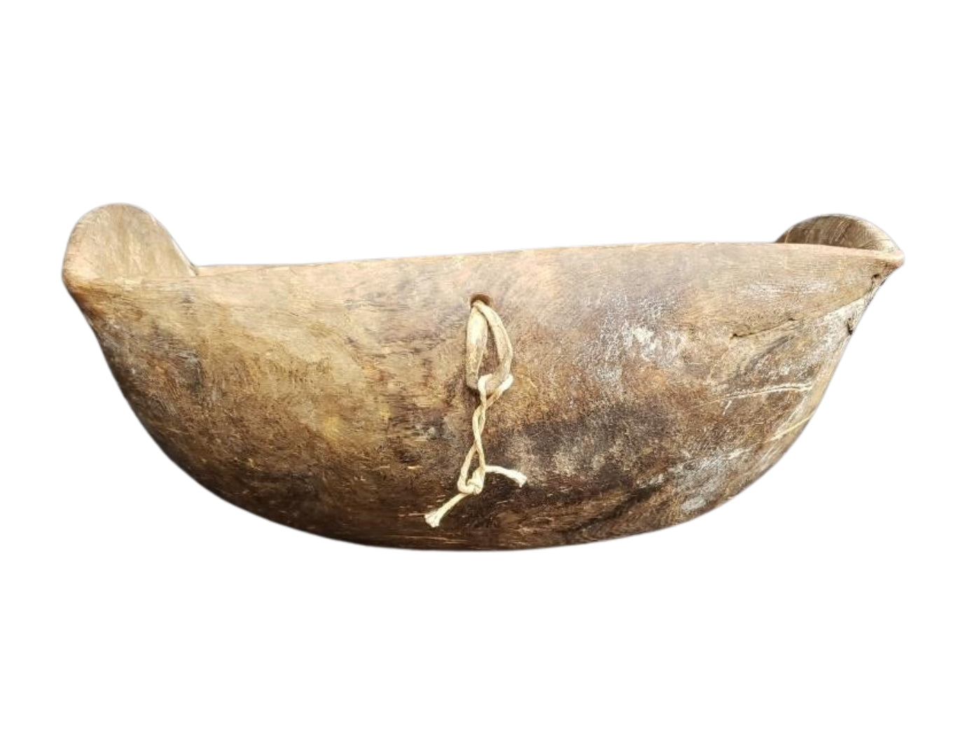 Antique Hand-Carved Wooden Dough Bowl – Primitive Rustic Trough with Early Stitch Repairs