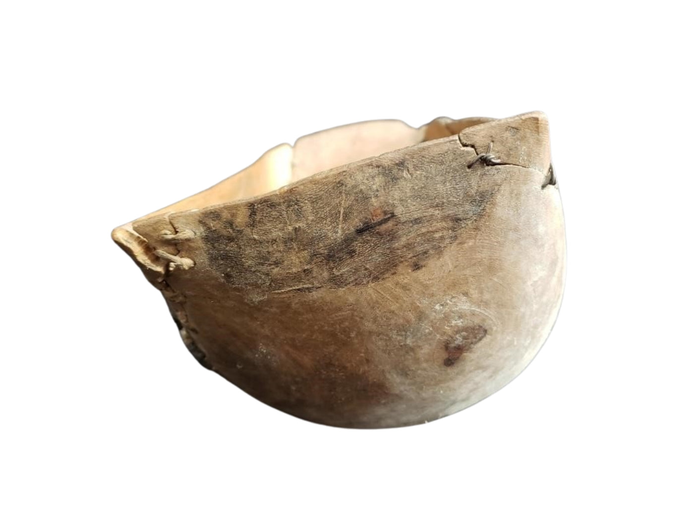 Antique 19th C. Primitive Hand-Carved Wooden Dough Bowl with Stitch Repairs – Rustic Americana Decor
