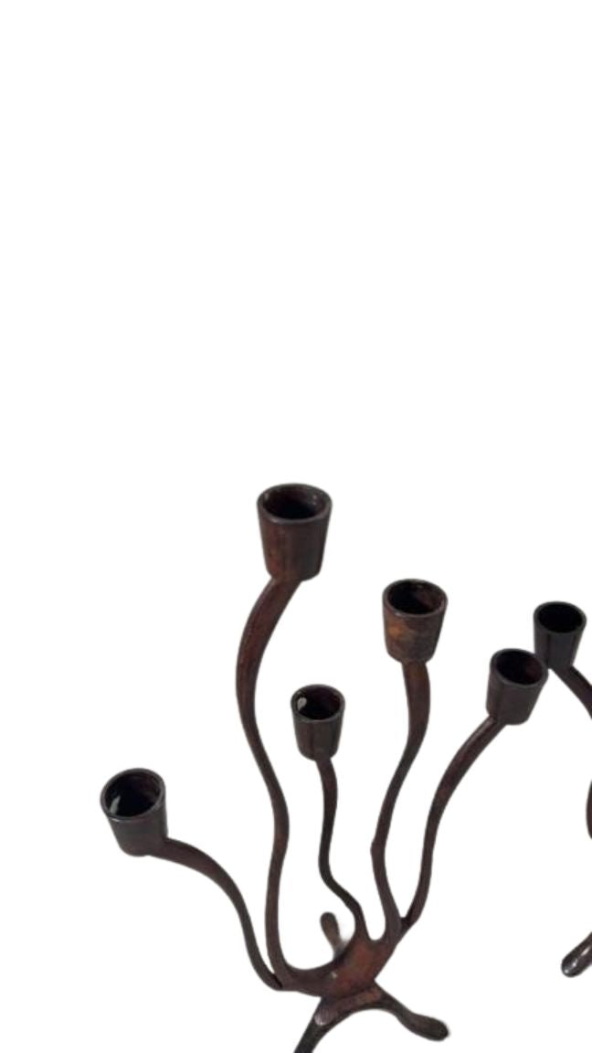 Pair of Sculptural Mid-Century Modern Brutalist Iron Candelabras – Organic Hand-Forged 5-Light Candle Holders