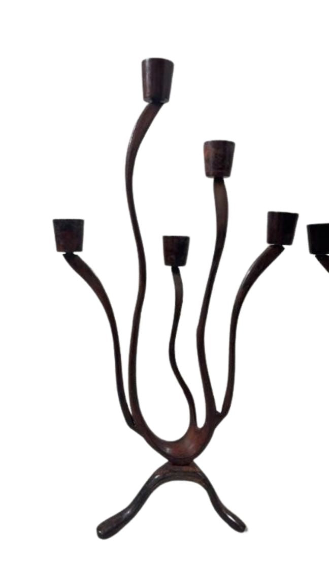 Pair of Sculptural Mid-Century Modern Brutalist Iron Candelabras – Organic Hand-Forged 5-Light Candle Holders