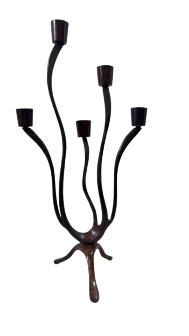 Pair of Sculptural Mid-Century Modern Brutalist Iron Candelabras – Organic Hand-Forged 5-Light Candle Holders