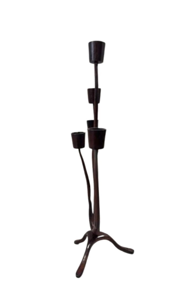 Pair of Sculptural Mid-Century Modern Brutalist Iron Candelabras – Organic Hand-Forged 5-Light Candle Holders