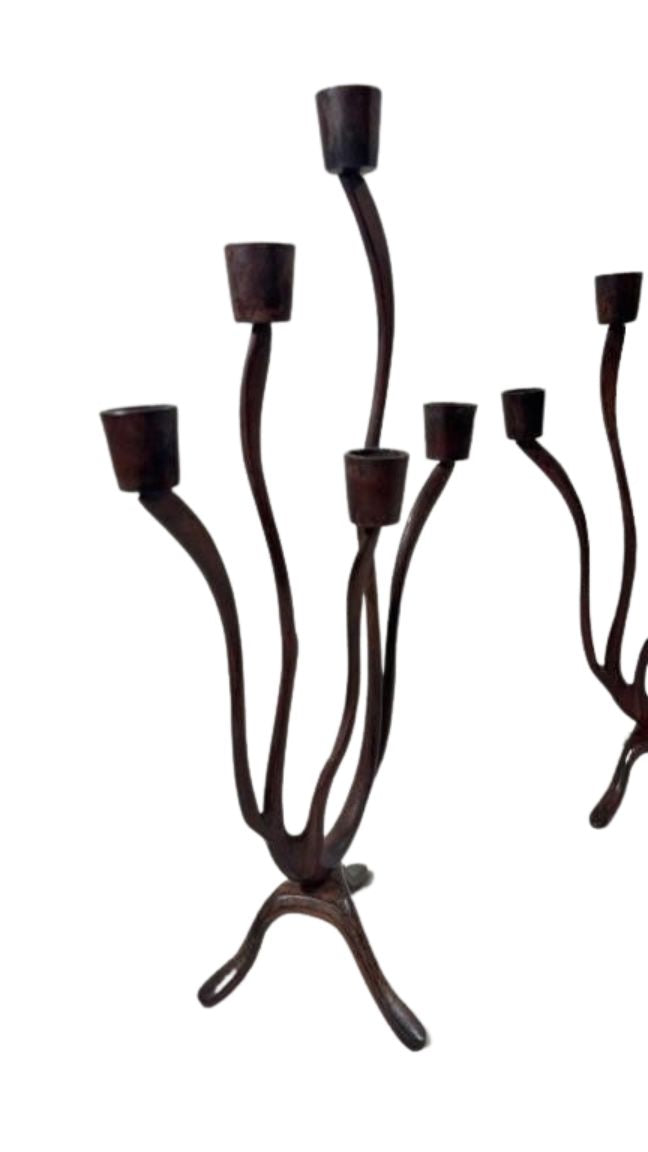 Pair of Sculptural Mid-Century Modern Brutalist Iron Candelabras – Organic Hand-Forged 5-Light Candle Holders