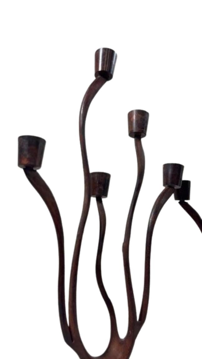 Pair of Sculptural Mid-Century Modern Brutalist Iron Candelabras – Organic Hand-Forged 5-Light Candle Holders