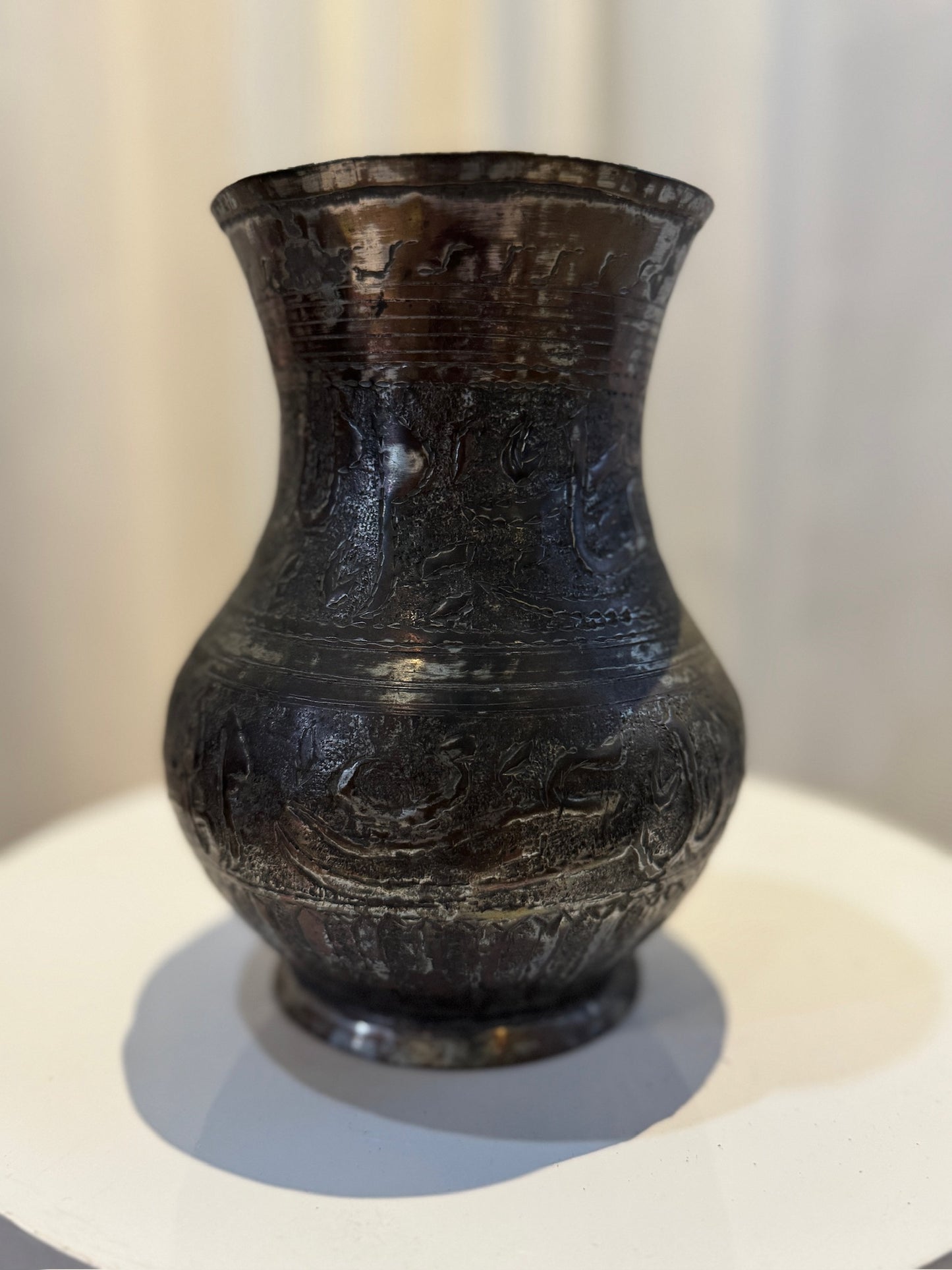Antique Middle Eastern Hand-Engraved Copper Pitcher with Arabic Calligraphy