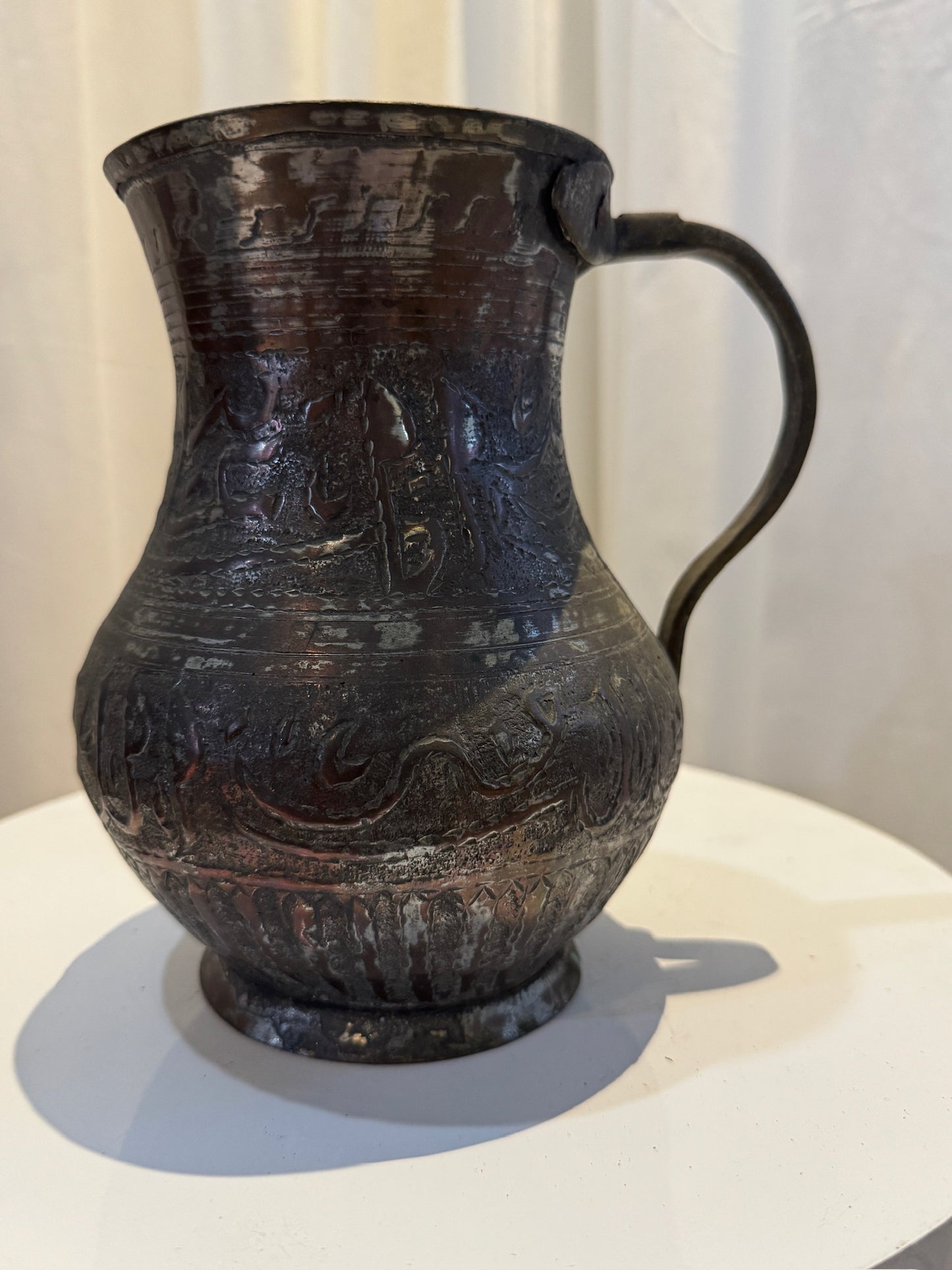 Antique Middle Eastern Hand-Engraved Copper Pitcher with Arabic Calligraphy