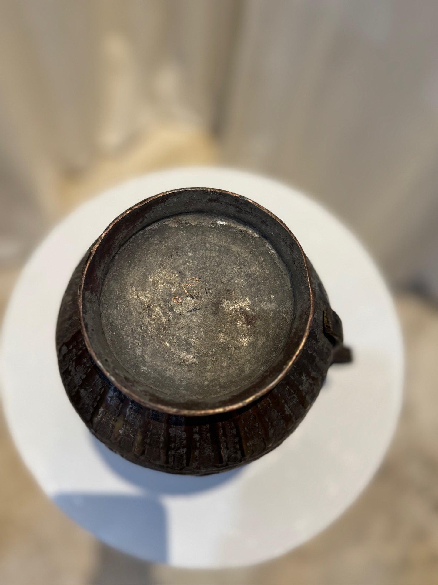 Antique Middle Eastern Hand-Engraved Copper Pitcher with Arabic Calligraphy