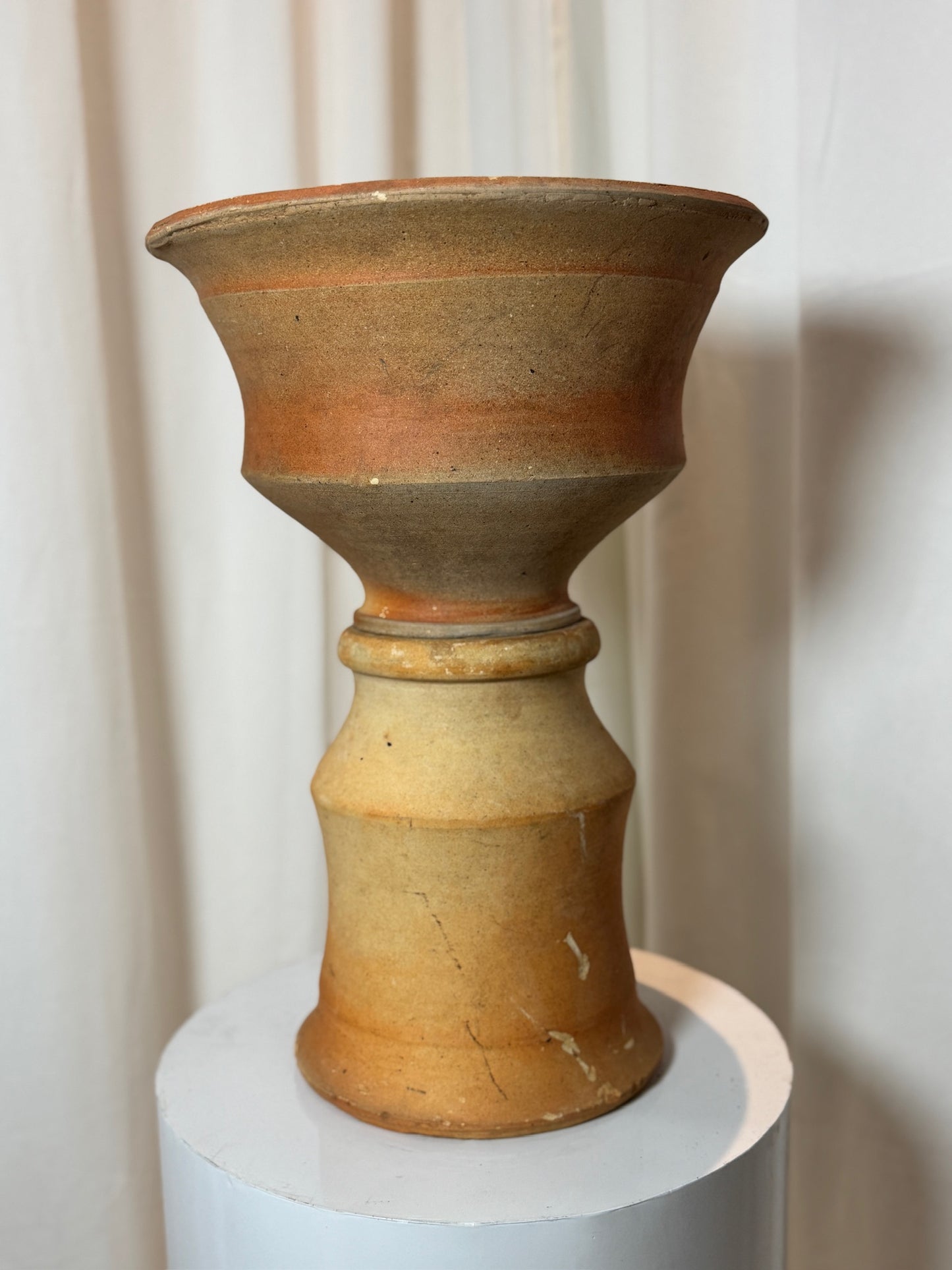 Antique Two-Piece Terracotta Hourglass Vessel – Sculptural Rustic Pottery