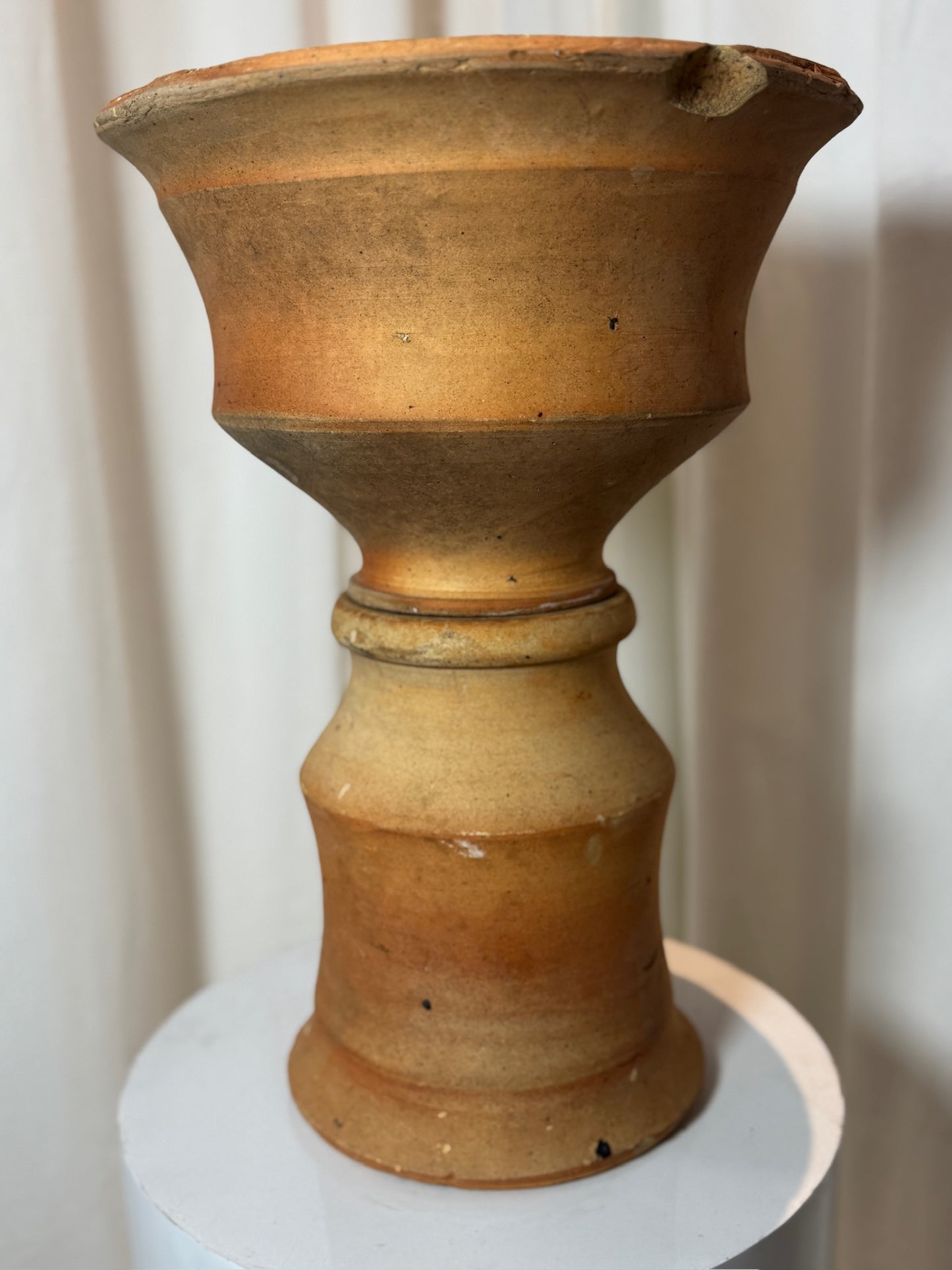 Antique Two-Piece Terracotta Hourglass Vessel – Sculptural Rustic Pottery