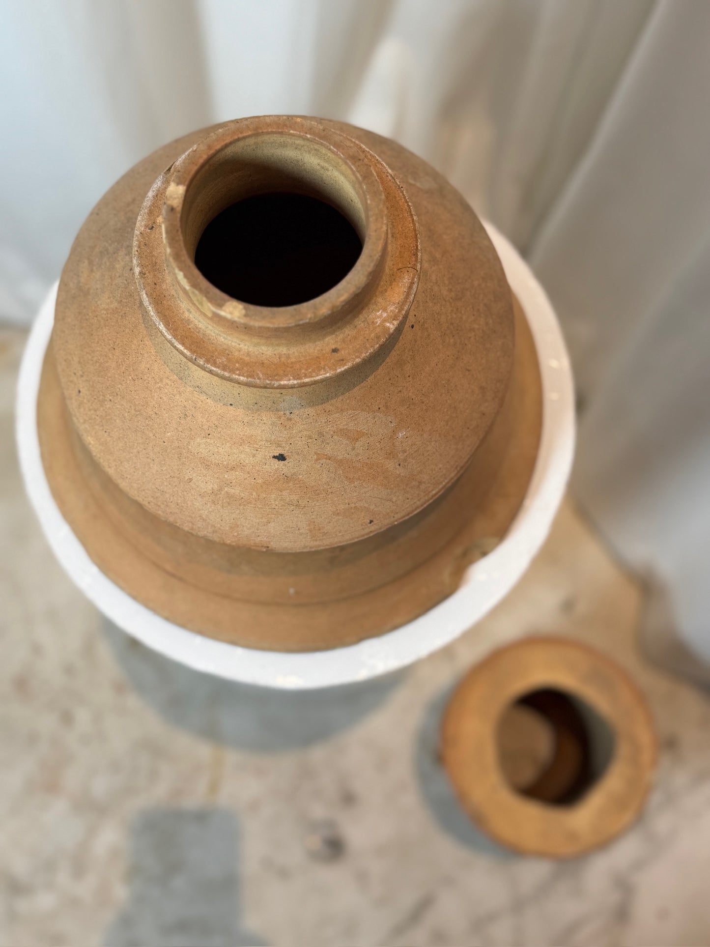 Antique Two-Piece Terracotta Hourglass Vessel – Sculptural Rustic Pottery