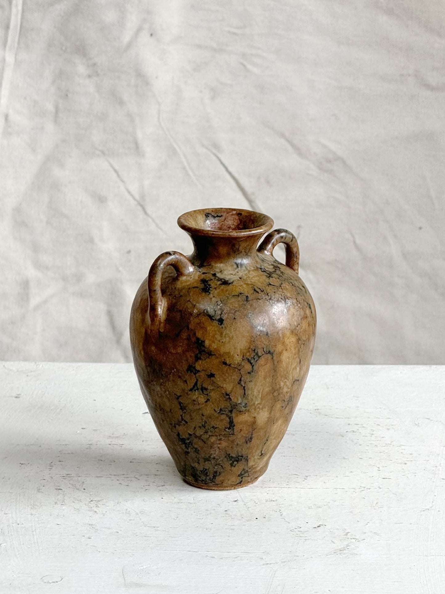 Marble-inspired Handled Vintage Brown Urn Vase (Signed)