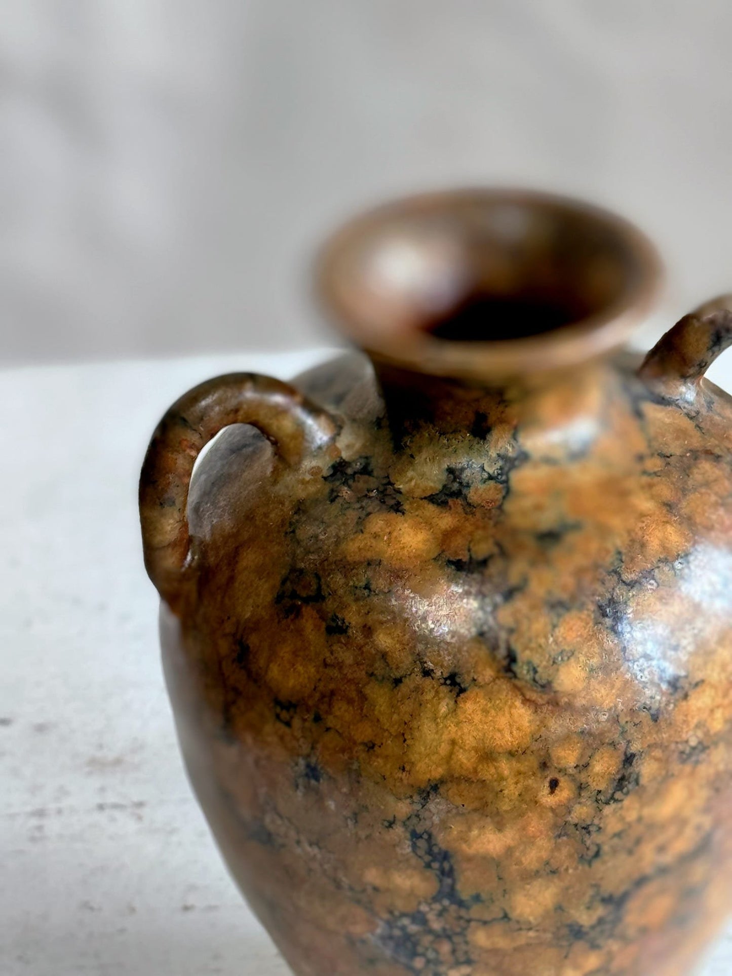 Marble-inspired Handled Vintage Brown Urn Vase (Signed)