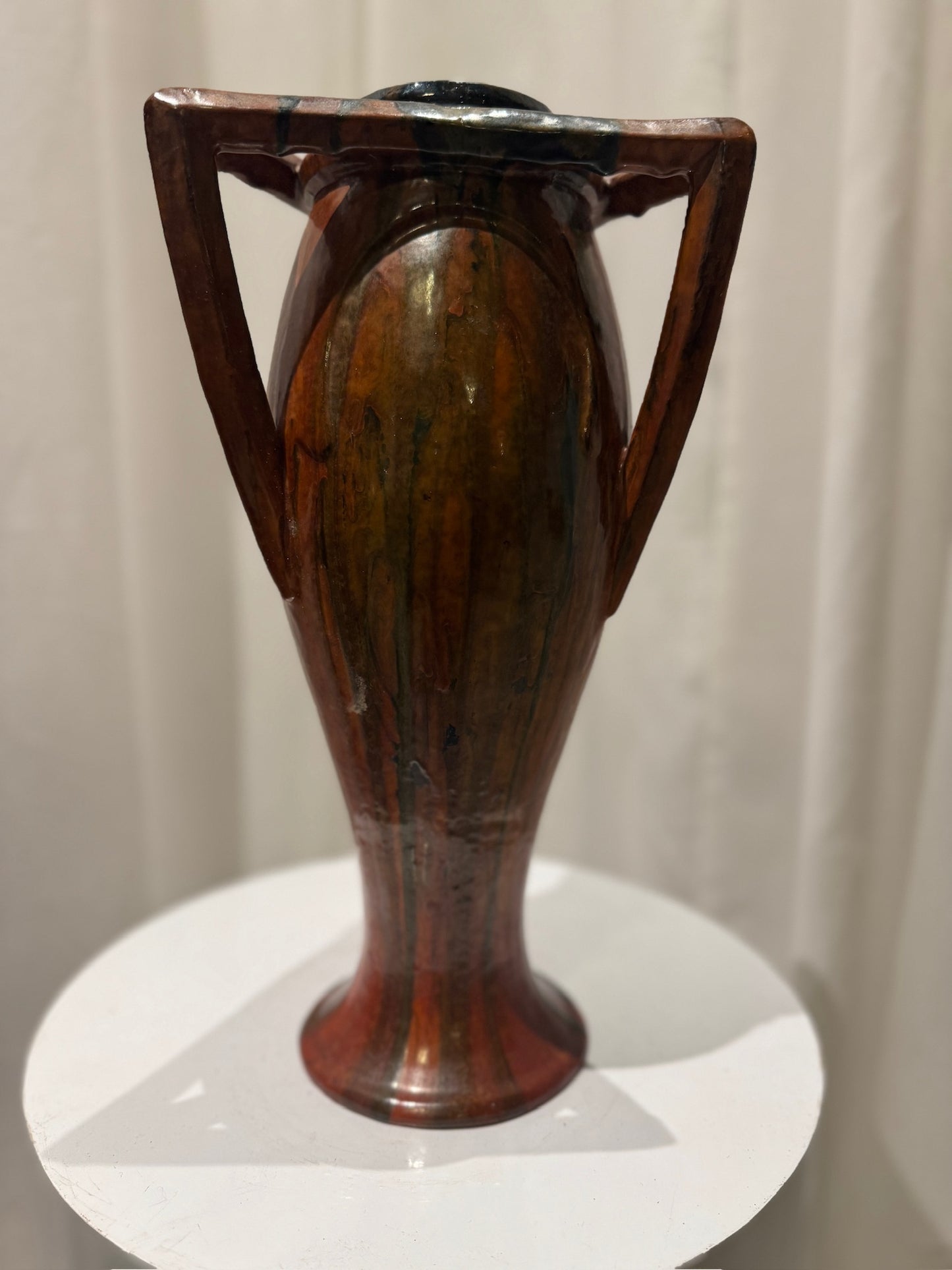 Rare Vintage French Art Nouveau Pottery Vase with Sculptural Triangular Handles & Drip Glaze