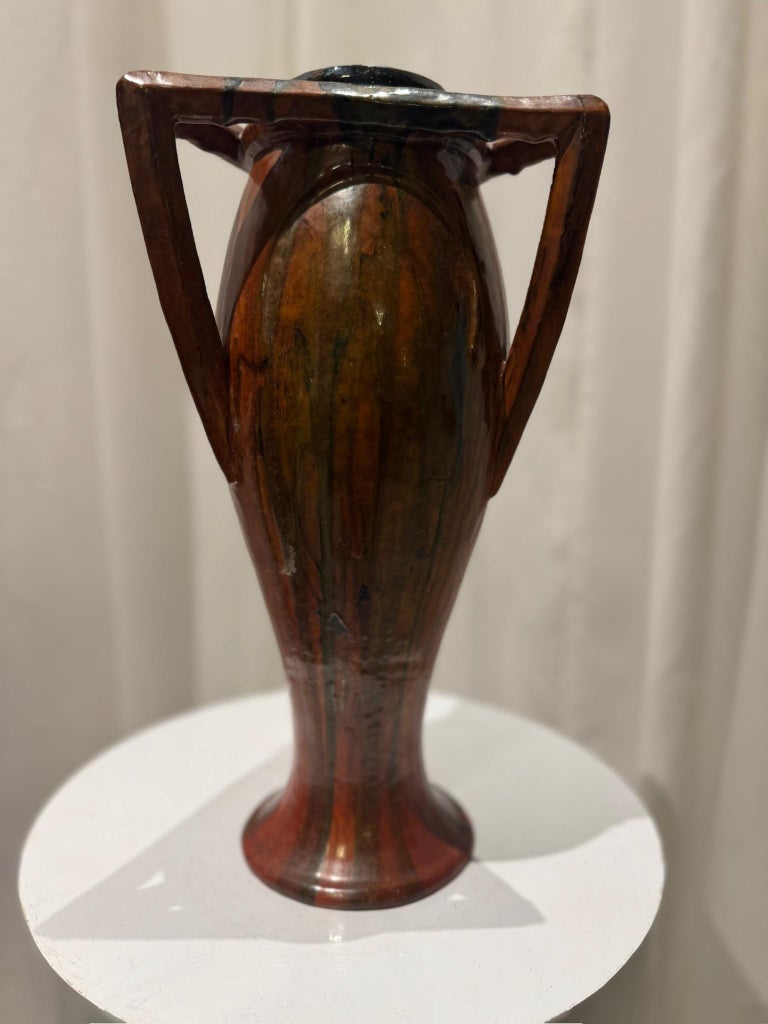 Rare Vintage French Art Nouveau Pottery Vase with Sculptural Triangular Handles & Drip Glaze