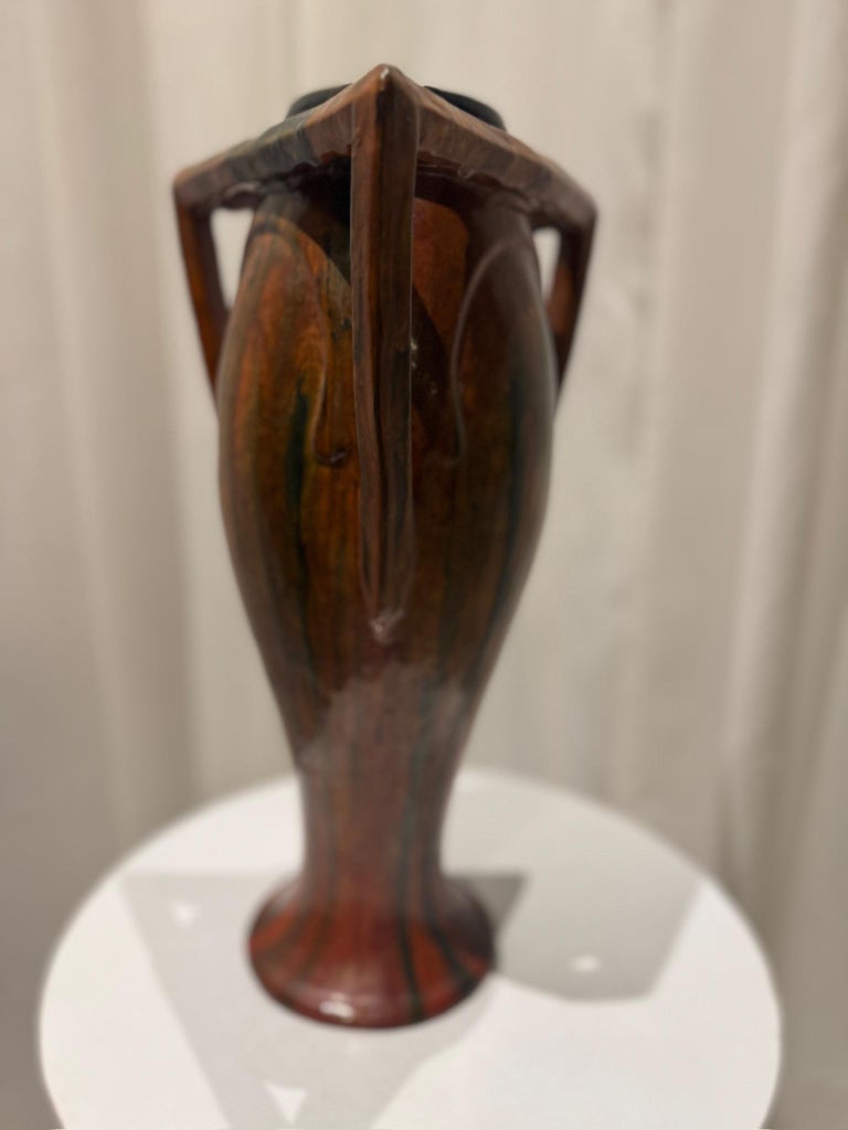 Rare Vintage French Art Nouveau Pottery Vase with Sculptural Triangular Handles & Drip Glaze