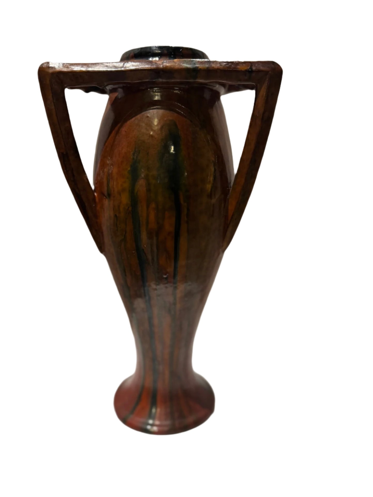 Rare Vintage French Art Nouveau Pottery Vase with Sculptural Triangular Handles & Drip Glaze