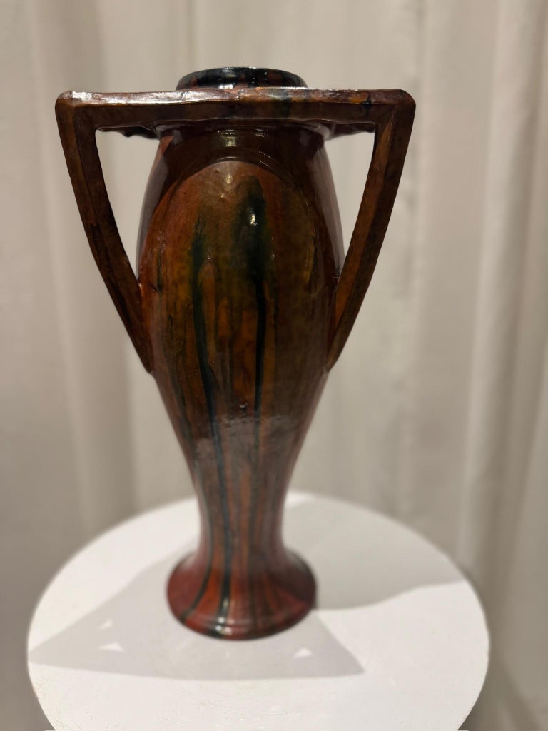 Rare Vintage French Art Nouveau Pottery Vase with Sculptural Triangular Handles & Drip Glaze
