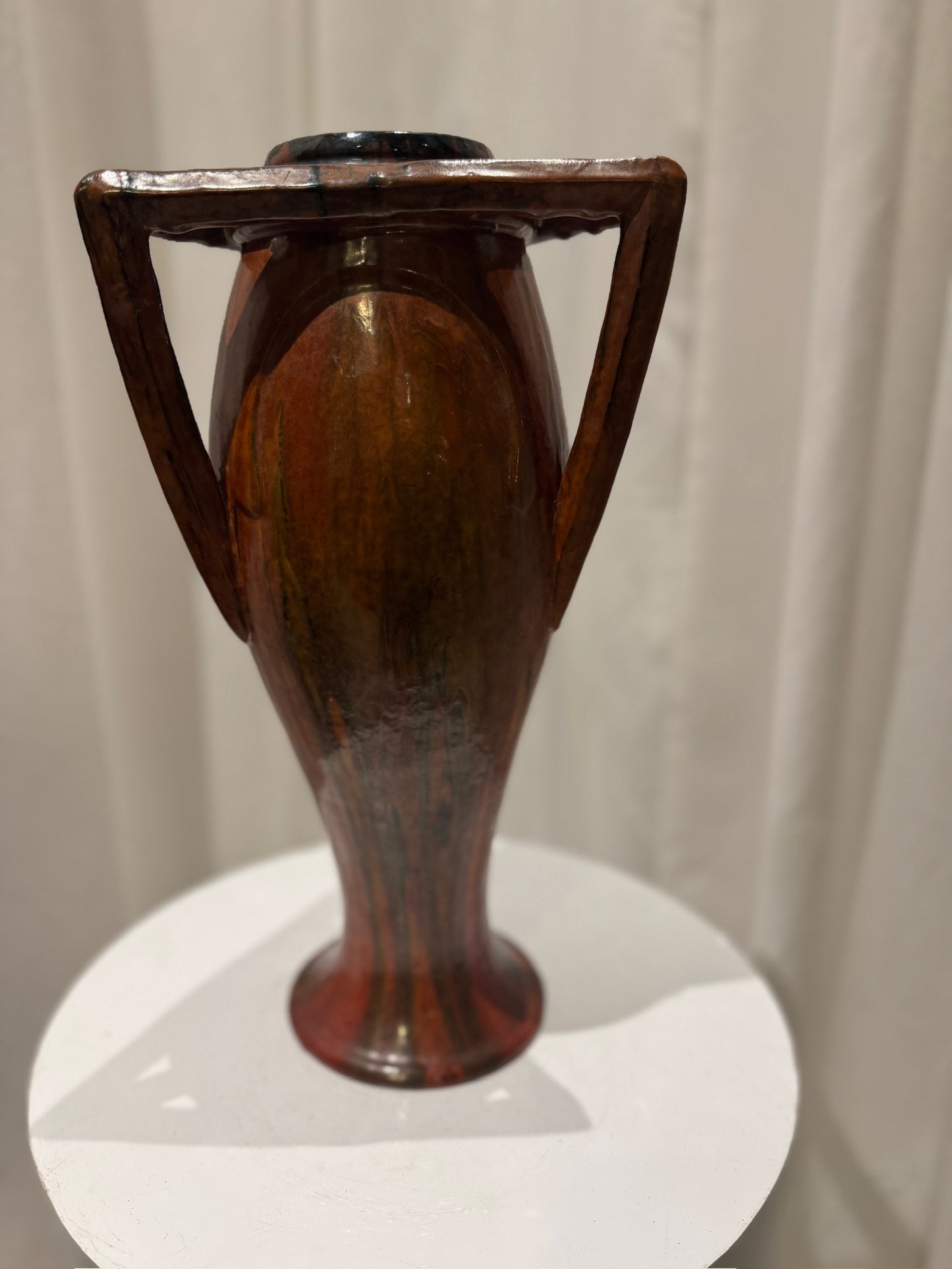 Rare Vintage French Art Nouveau Pottery Vase with Sculptural Triangular Handles & Drip Glaze