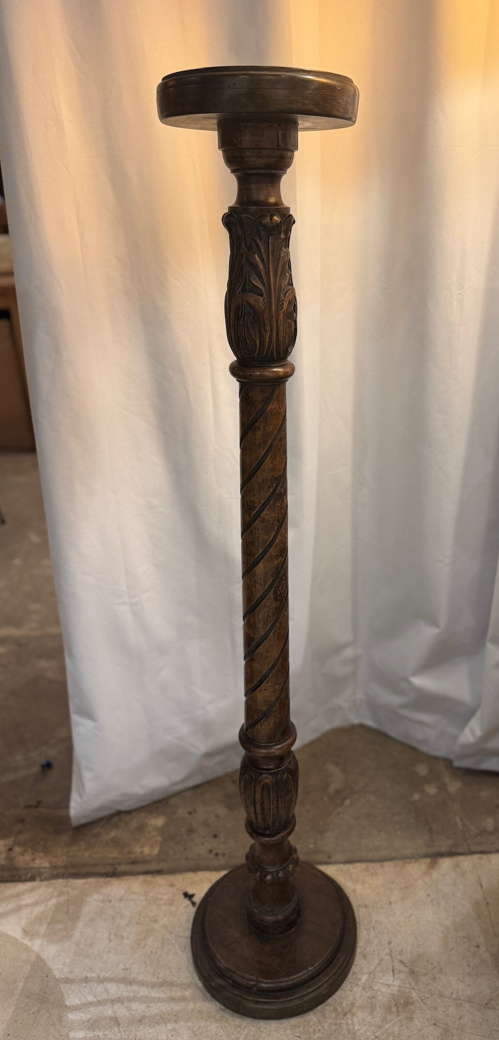 Pair of Antique Millstead Hand-Carved Wooden Plant Stands with Barley Twist Columns & Floral Motifs