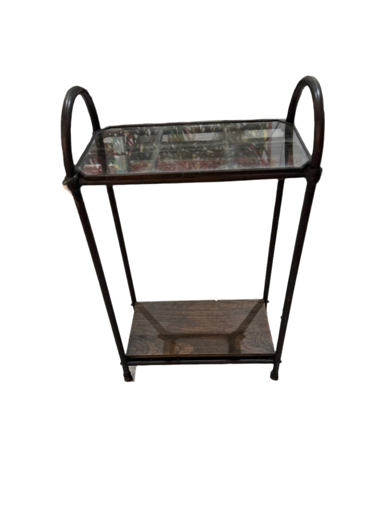 Antique Industrial Copper & Glass Entryway Stand with Wooden Shelf