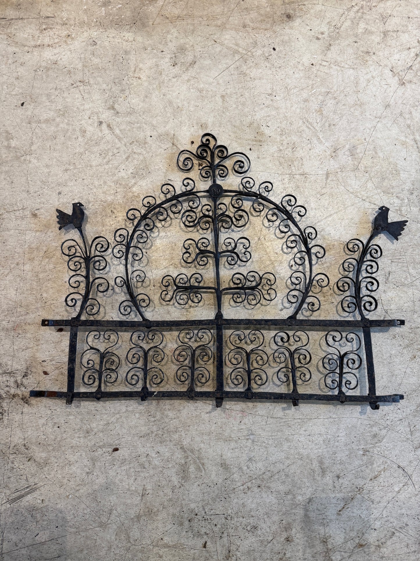 Antique 17th-Century Spanish Style Wrought Iron Wall Rack with Bird Motif