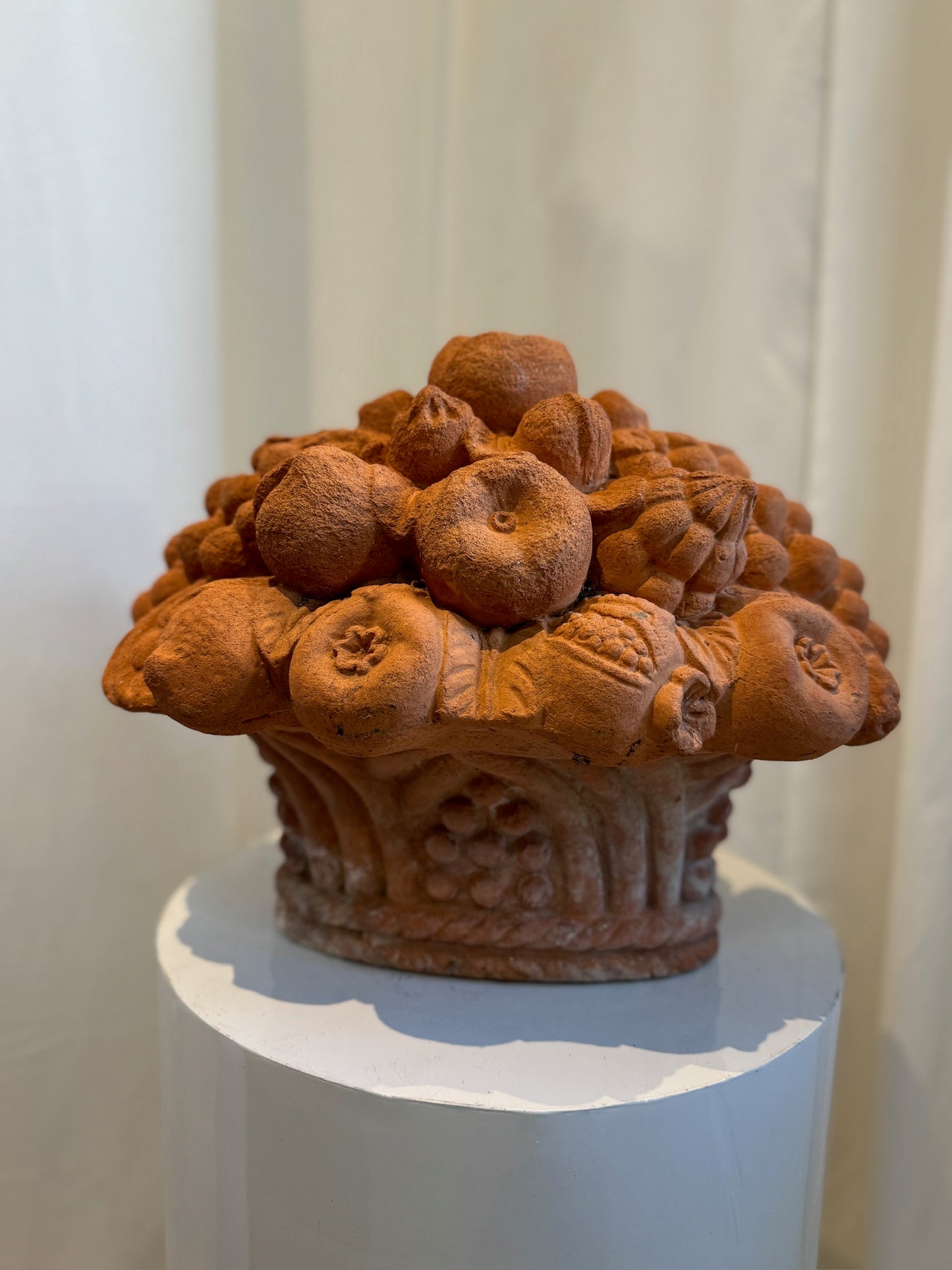 Grand Antique Italian-Style Terracotta Fruit Basket Finial – Handcrafted Garden Ornament with Aged Patina