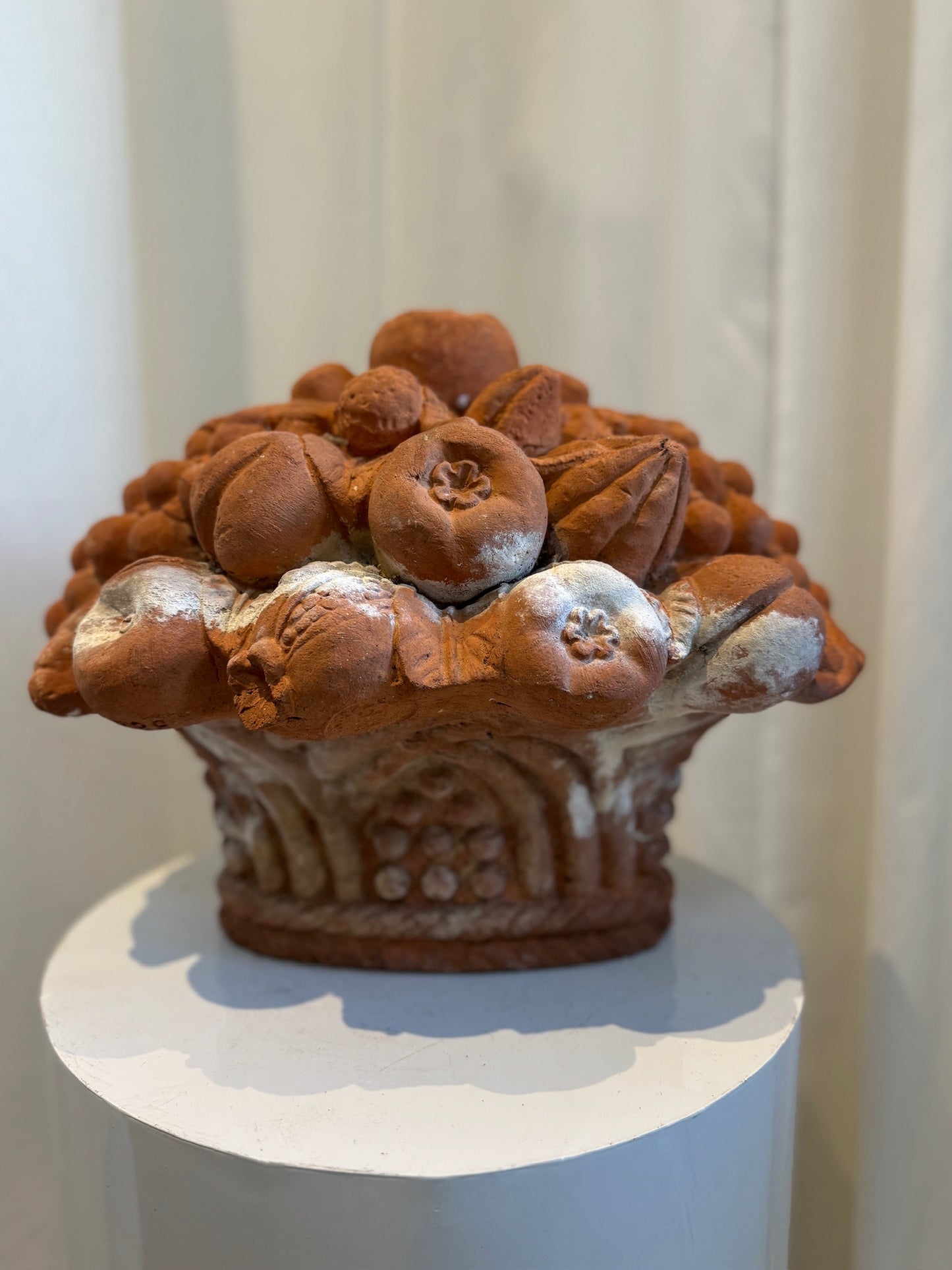 Grand Antique Italian-Style Terracotta Fruit Basket Finial – Handcrafted Garden Ornament with Aged Patina