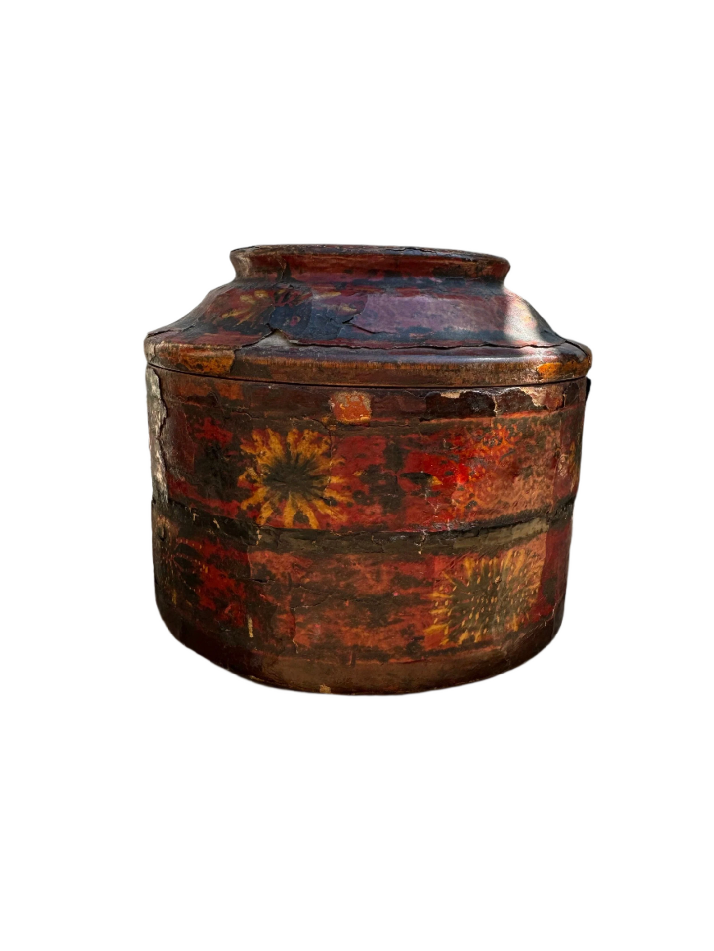 Antique 19th Century Round Chinese Hand-Painted Wooden Box with Lid