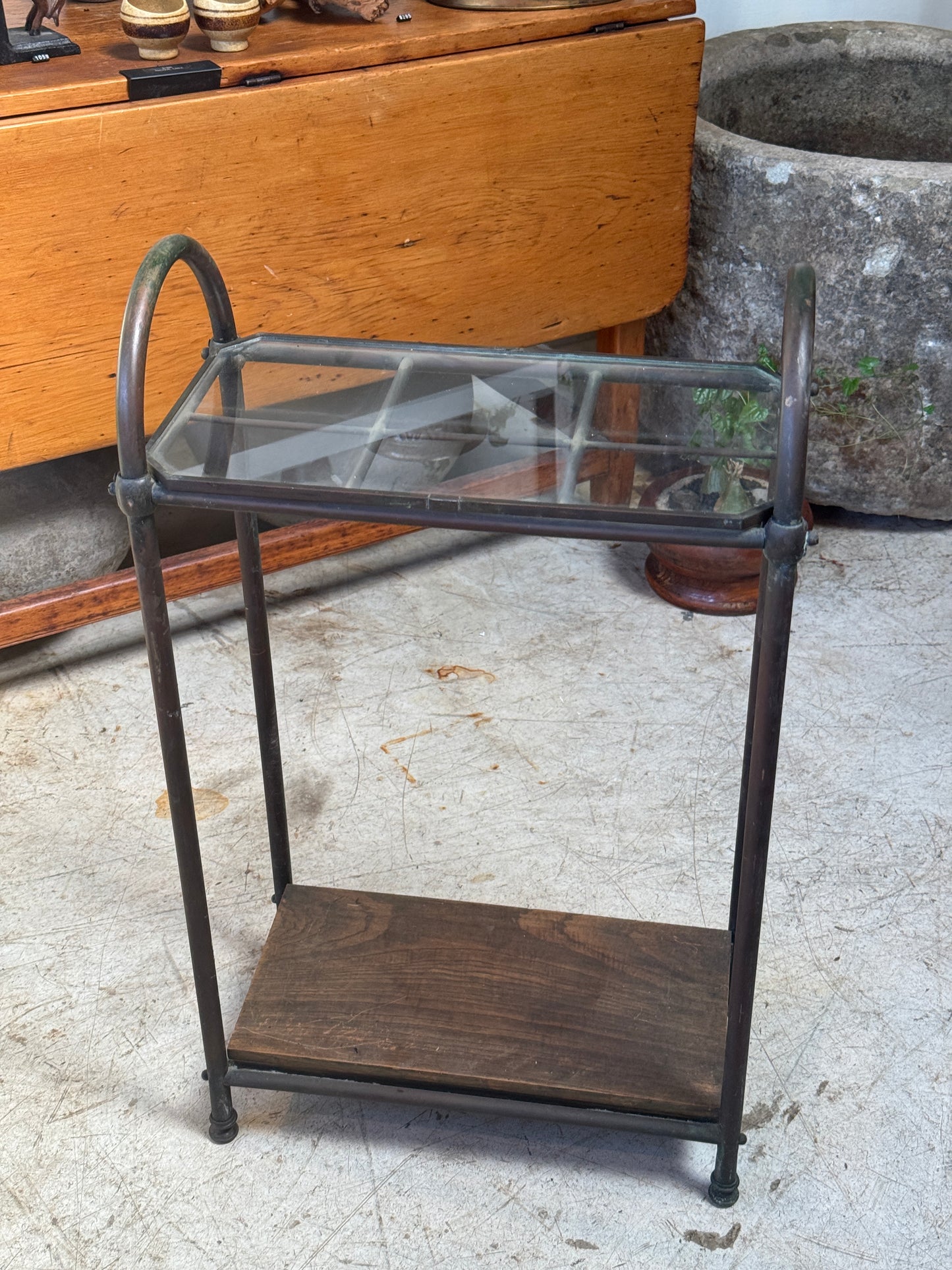 Antique Industrial Copper & Glass Entryway Stand with Wooden Shelf