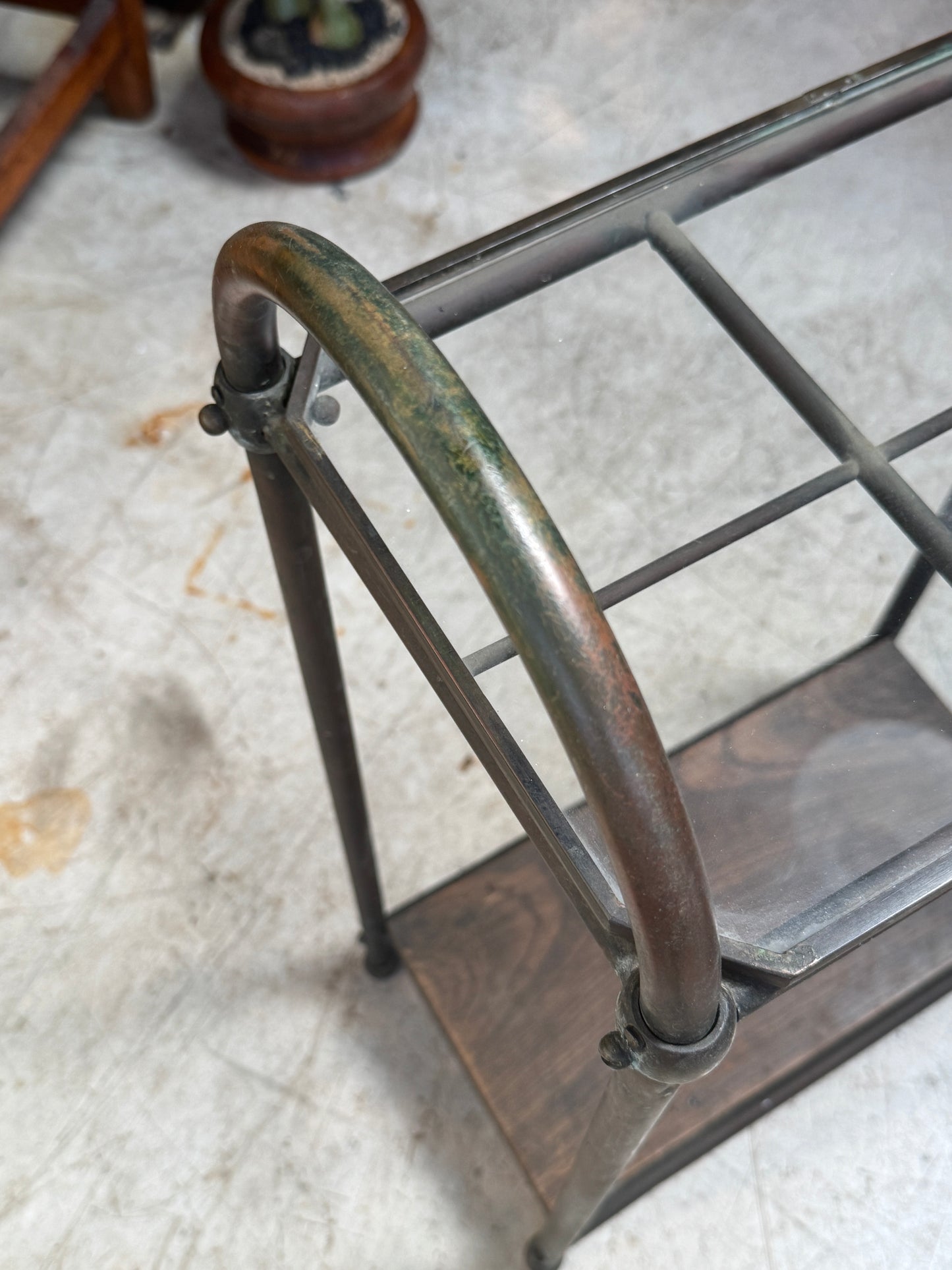 Antique Industrial Copper & Glass Entryway Stand with Wooden Shelf