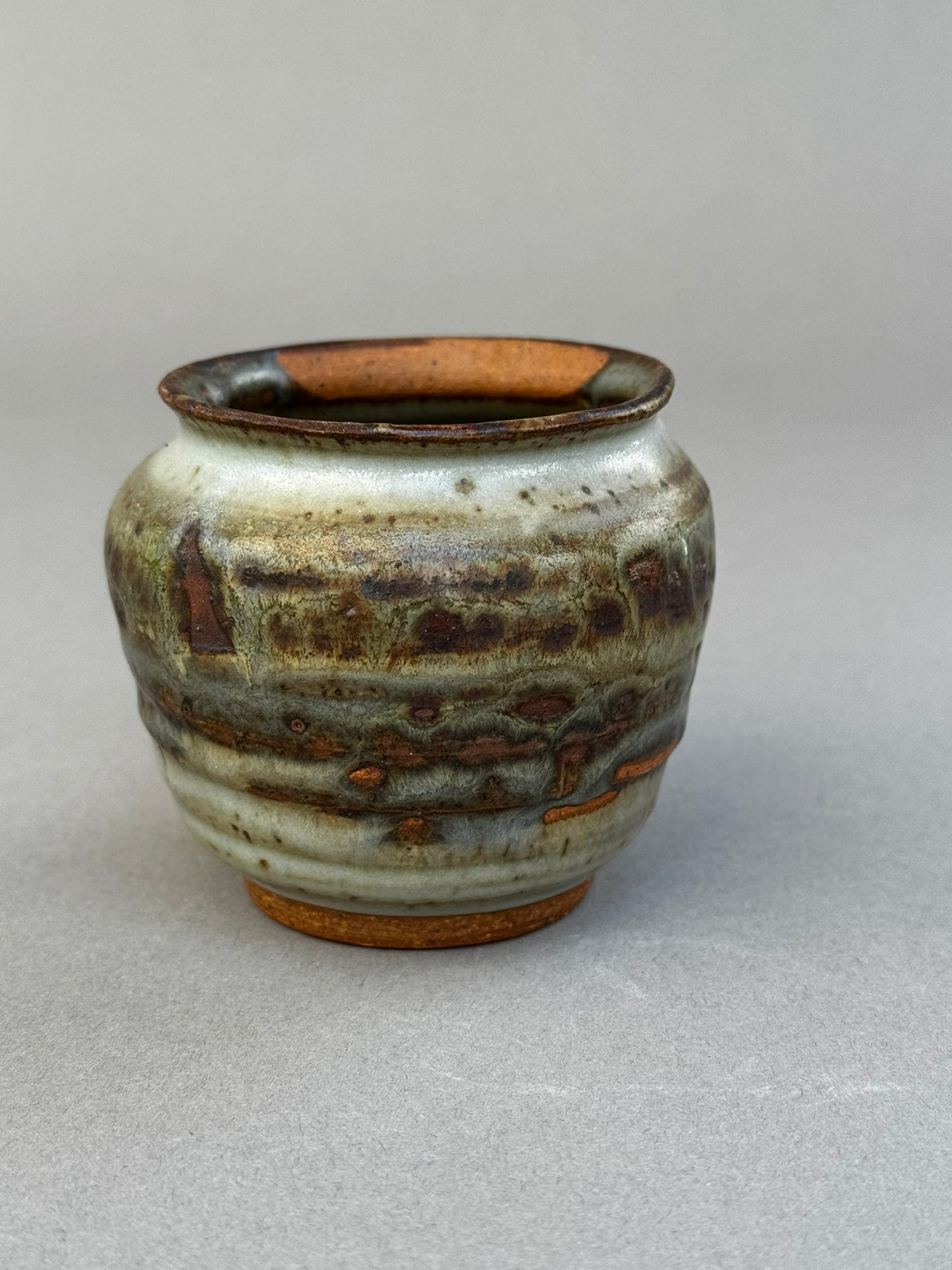Signed Studio Pottery Urn Vase P.S.E – Brown, Gray & Terracotta Ash Glaze