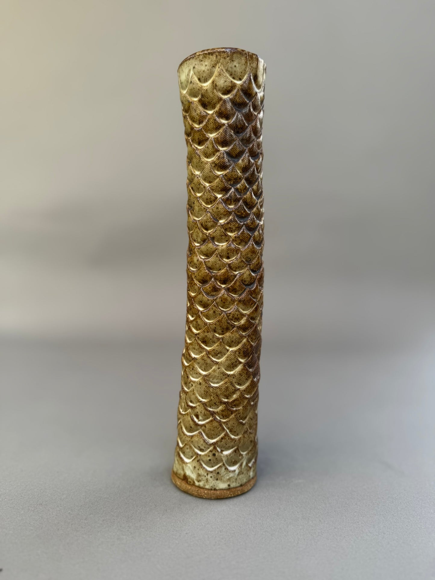 Tall Hand-Glazed Studio Pottery Vase with Fish Scale Relief – Signed A.G.E