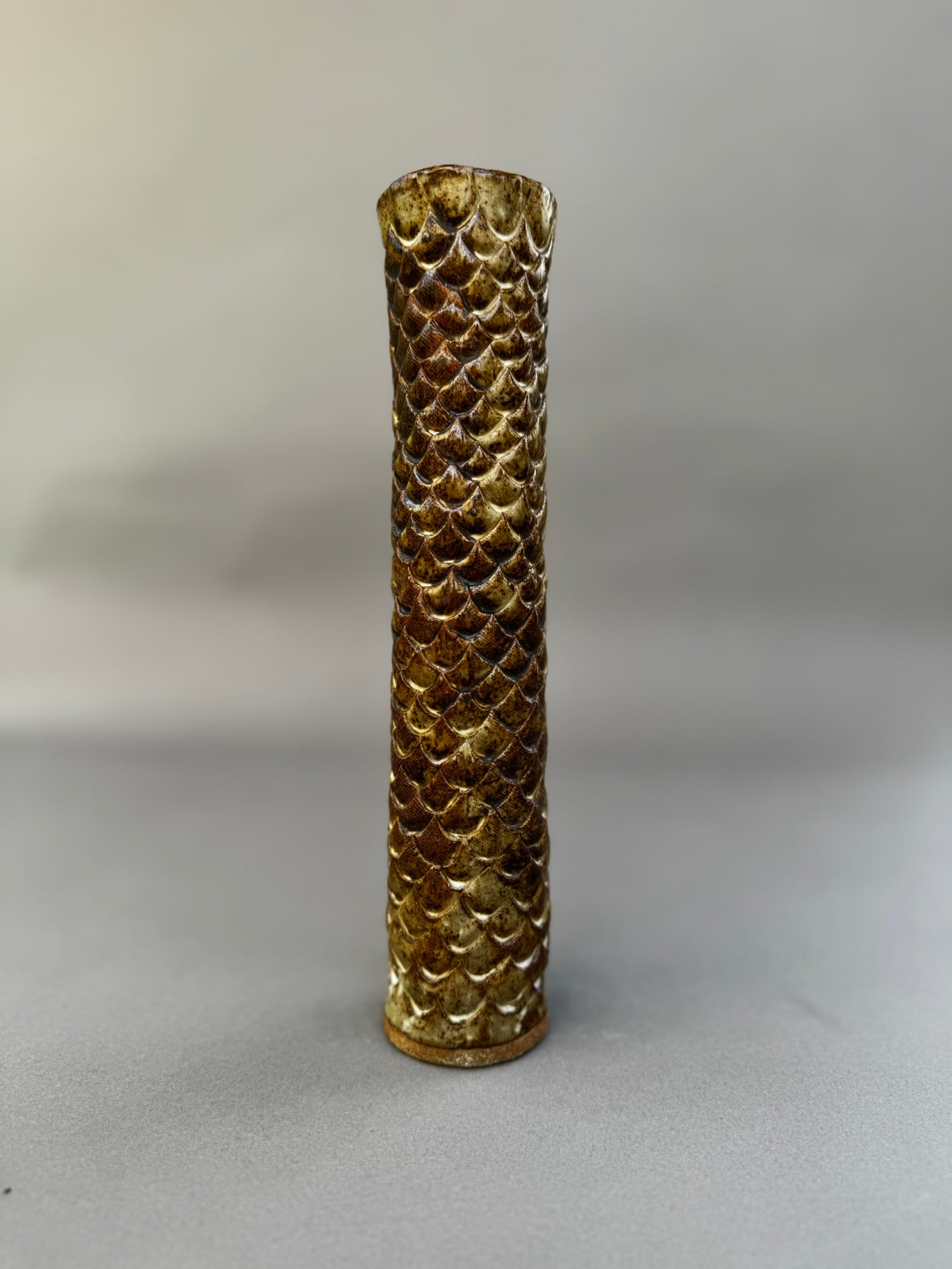 Tall Hand-Glazed Studio Pottery Vase with Fish Scale Relief – Signed A.G.E