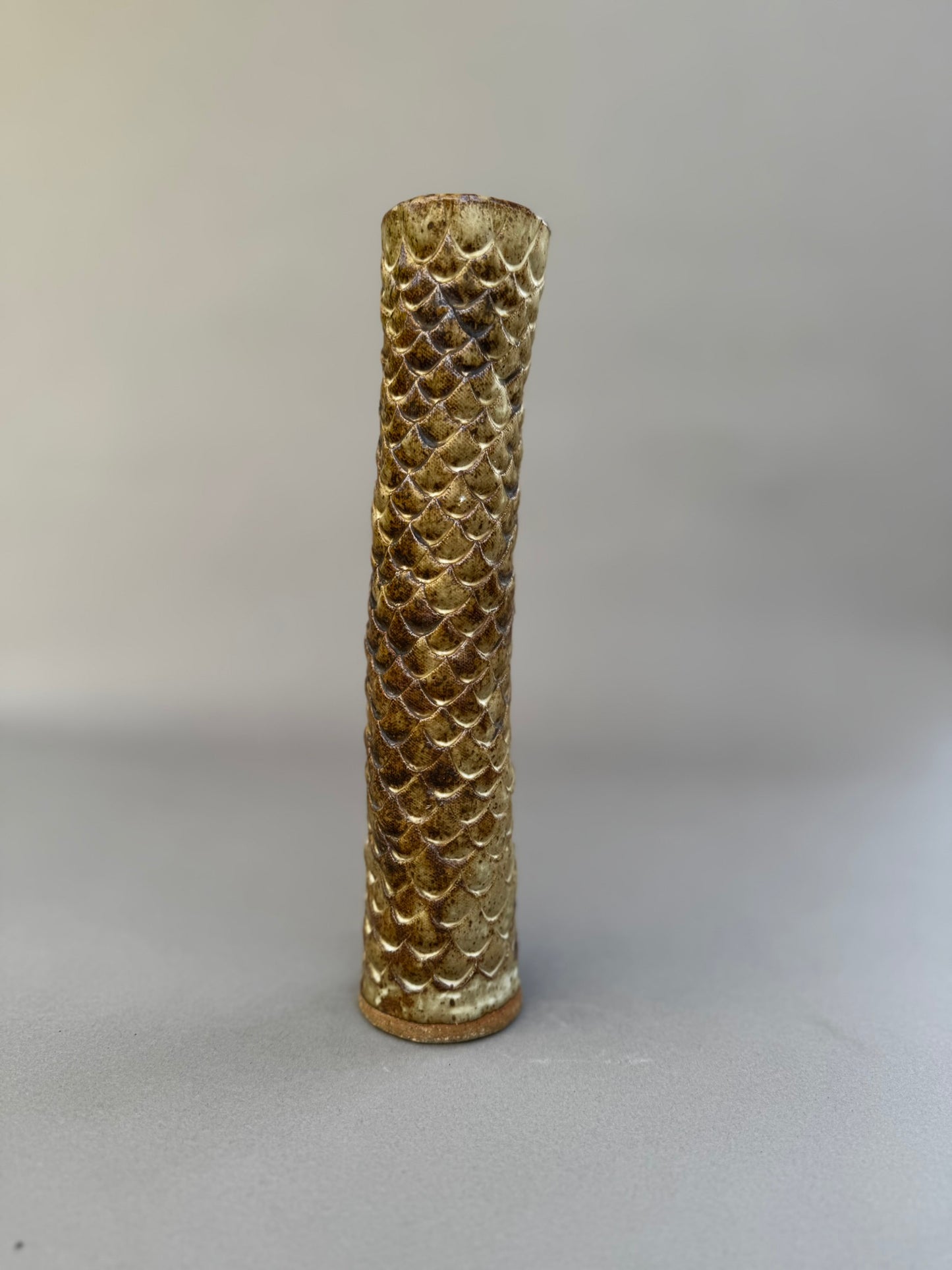 Tall Hand-Glazed Studio Pottery Vase with Fish Scale Relief – Signed A.G.E