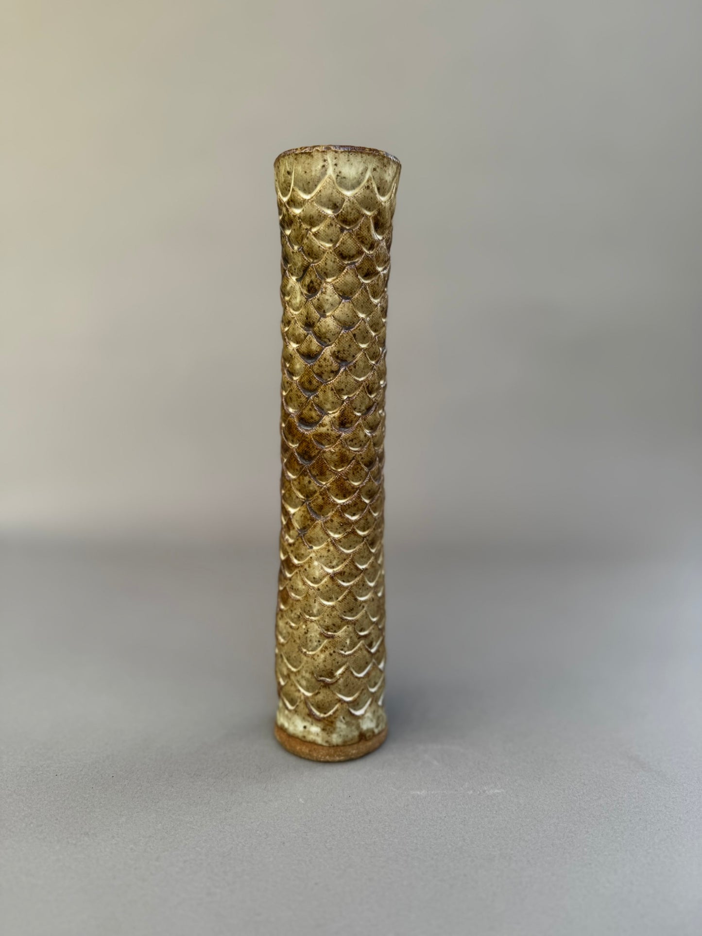 Tall Hand-Glazed Studio Pottery Vase with Fish Scale Relief – Signed A.G.E