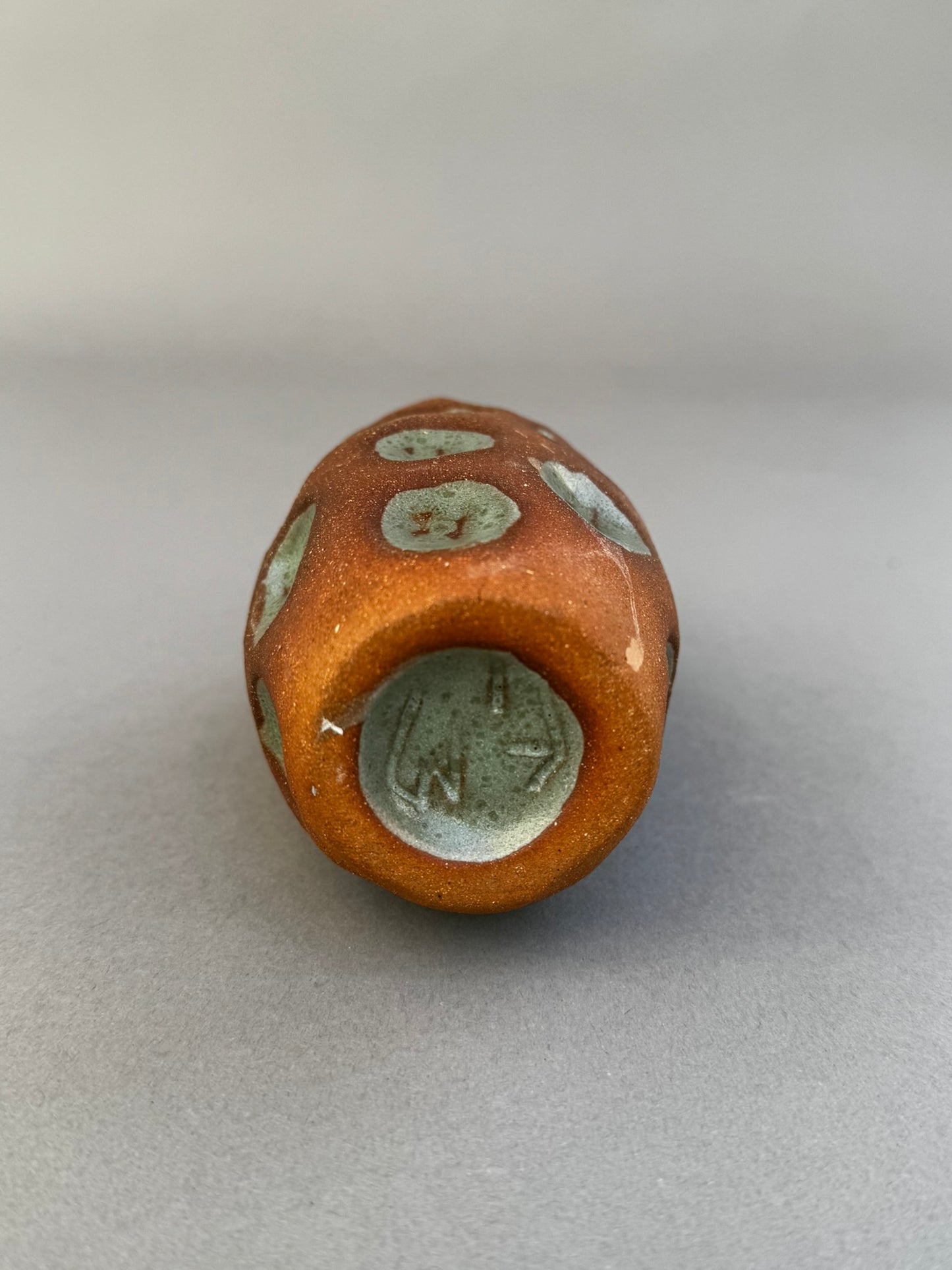 Handmade Terracotta Glazed Studio Pottery Bud Vase with Celadon Impressions