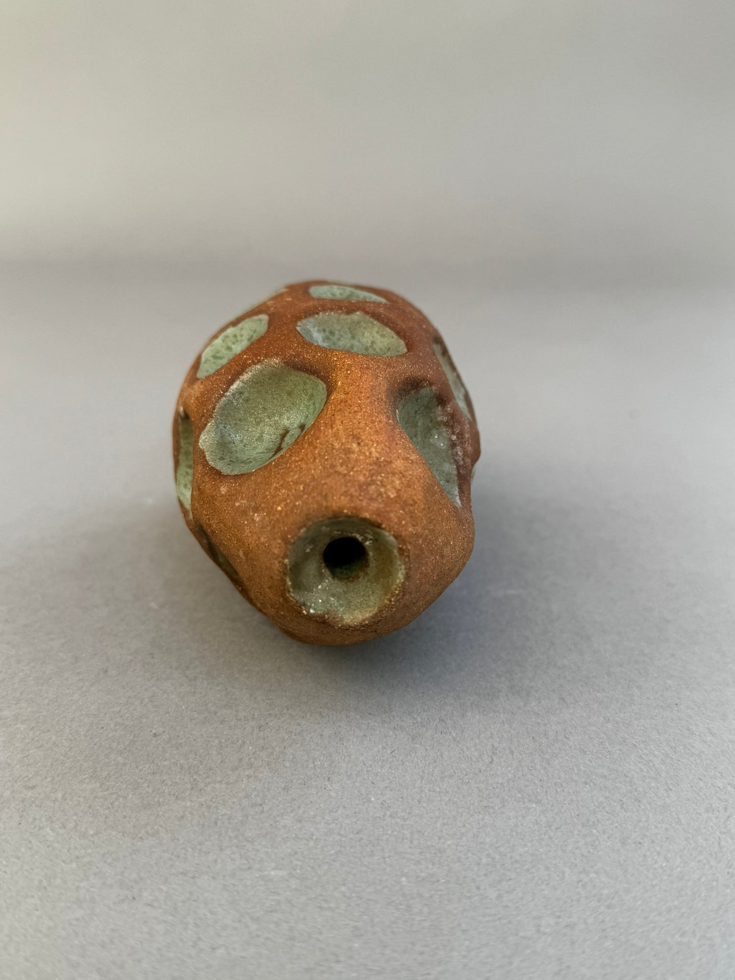 Handmade Terracotta Glazed Studio Pottery Bud Vase with Celadon Impressions