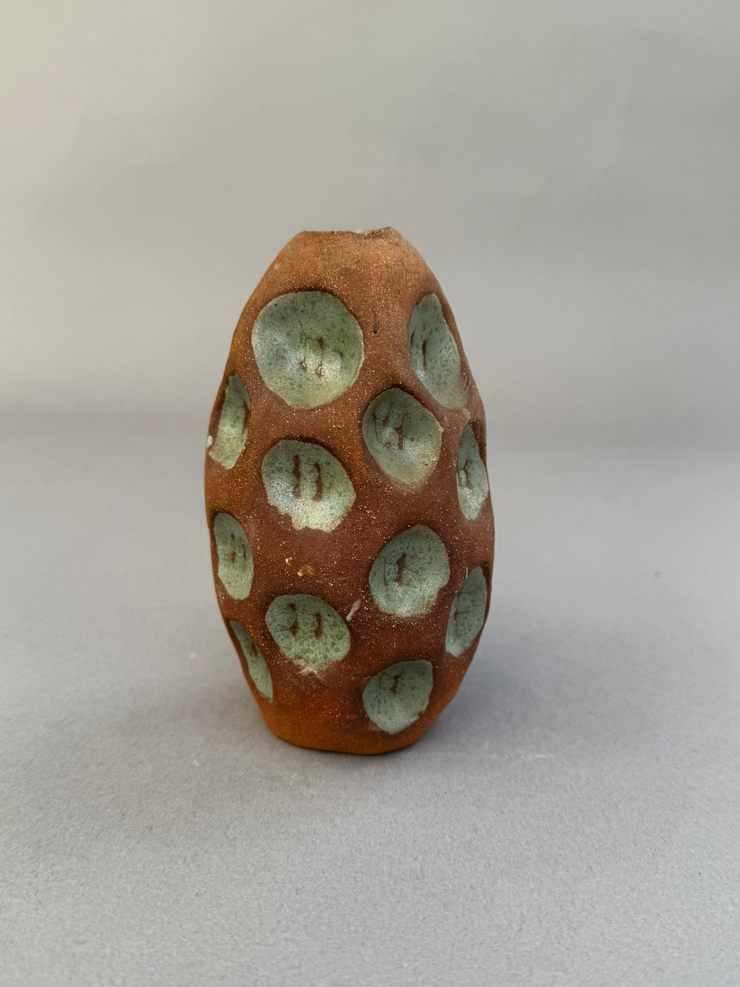 Handmade Terracotta Glazed Studio Pottery Bud Vase with Celadon Impressions