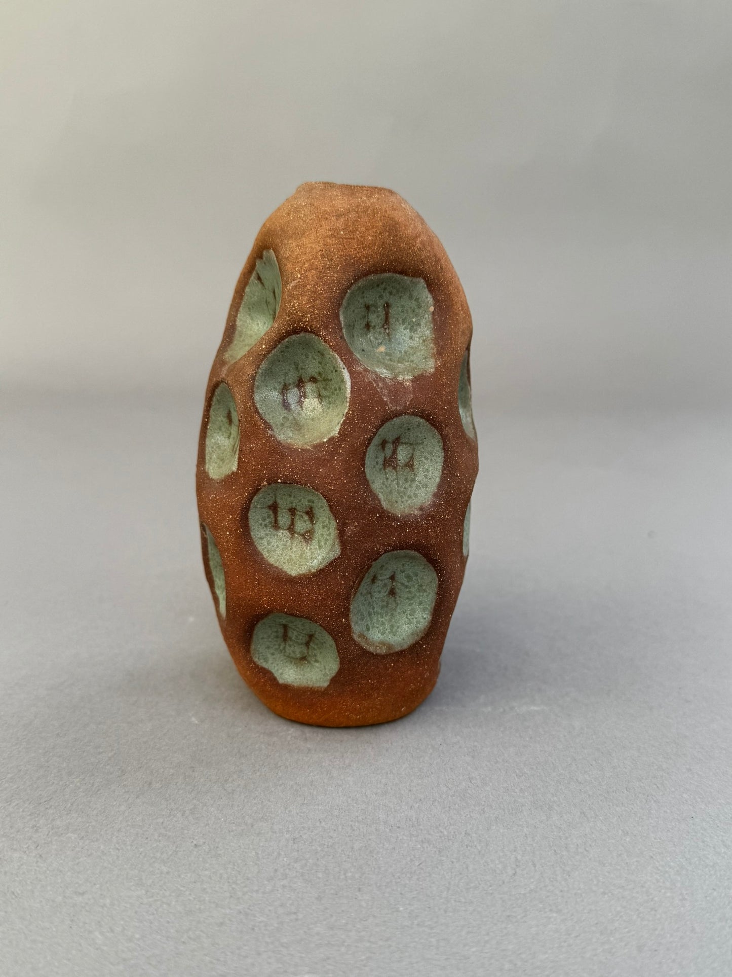 Handmade Terracotta Glazed Studio Pottery Bud Vase with Celadon Impressions