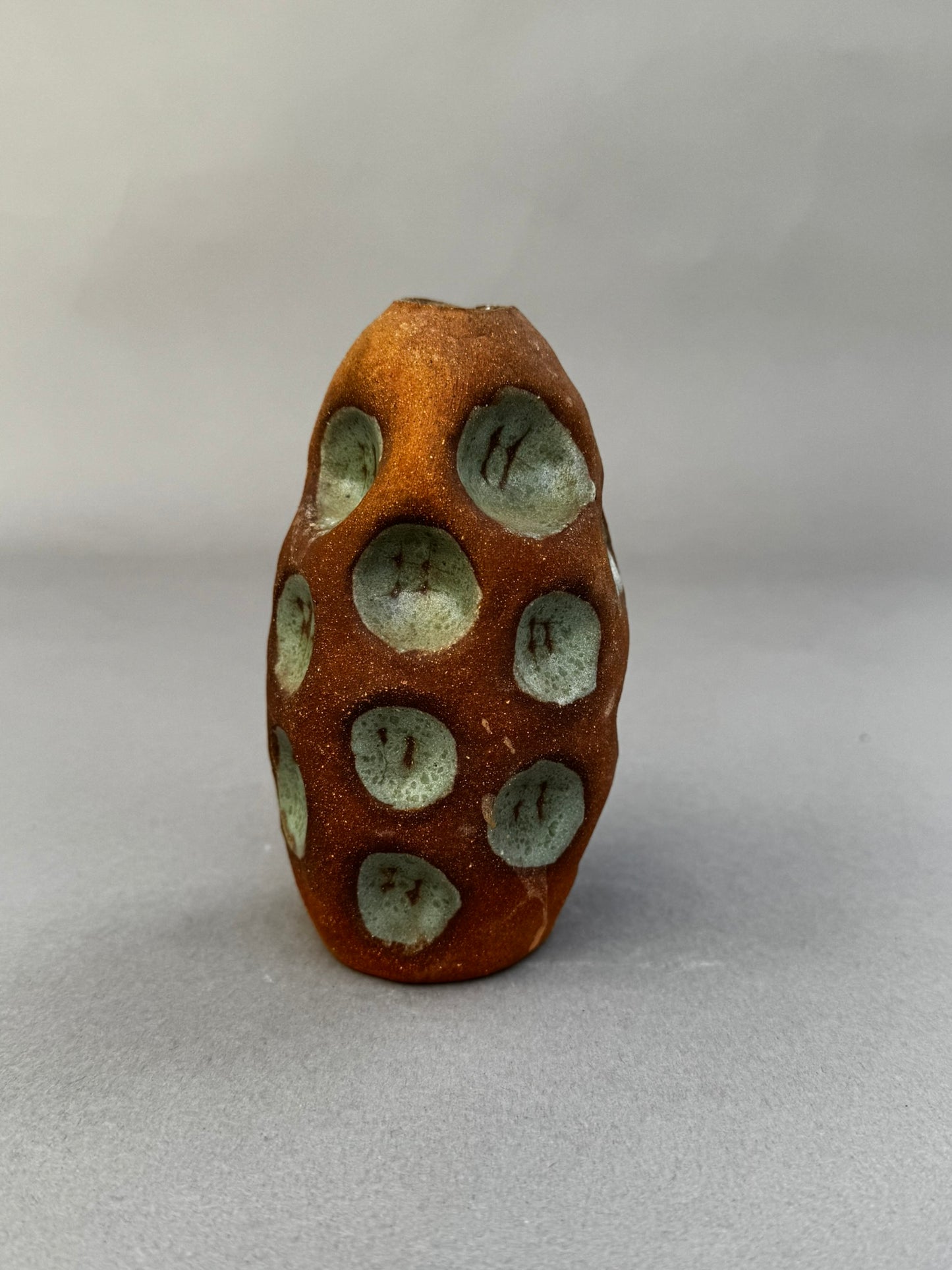 Handmade Terracotta Glazed Studio Pottery Bud Vase with Celadon Impressions