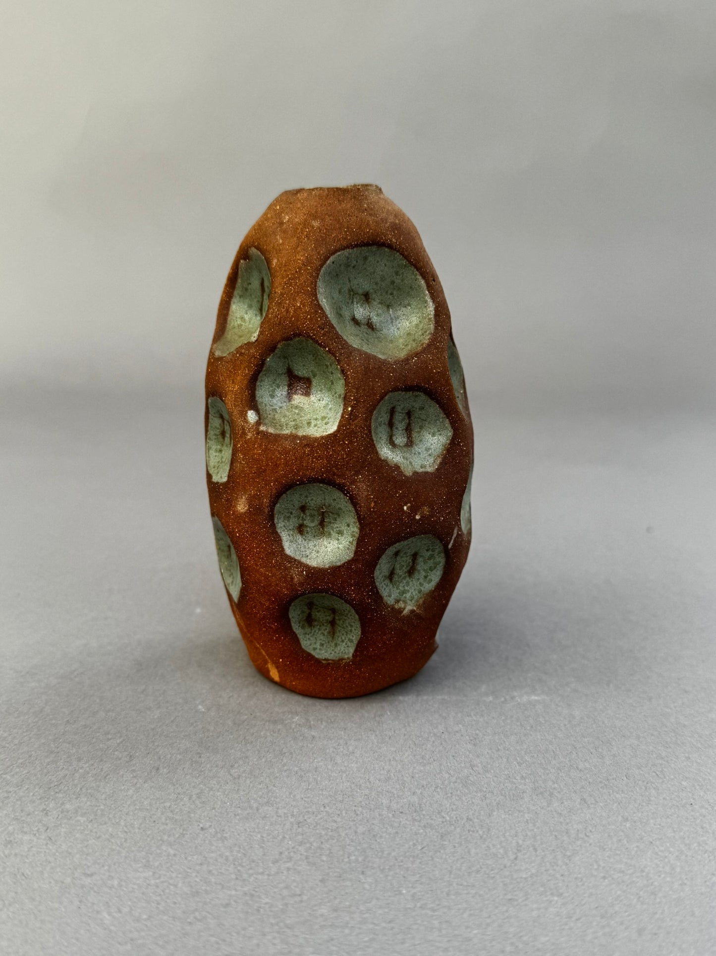 Handmade Terracotta Glazed Studio Pottery Bud Vase with Celadon Impressions