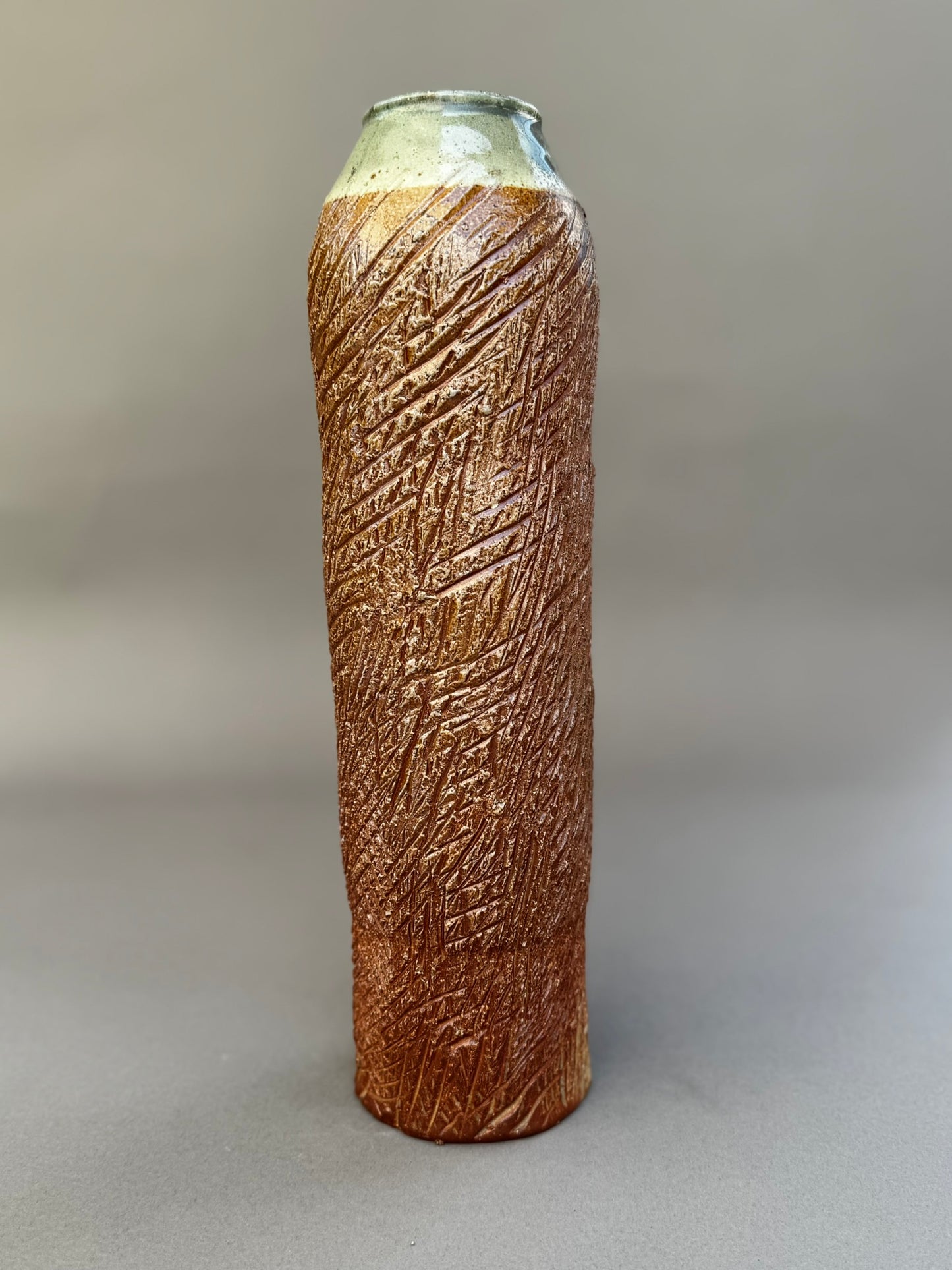 Tall Textured Studio Pottery Vase with Glazed Rim – Signed Ceramic Art Piece