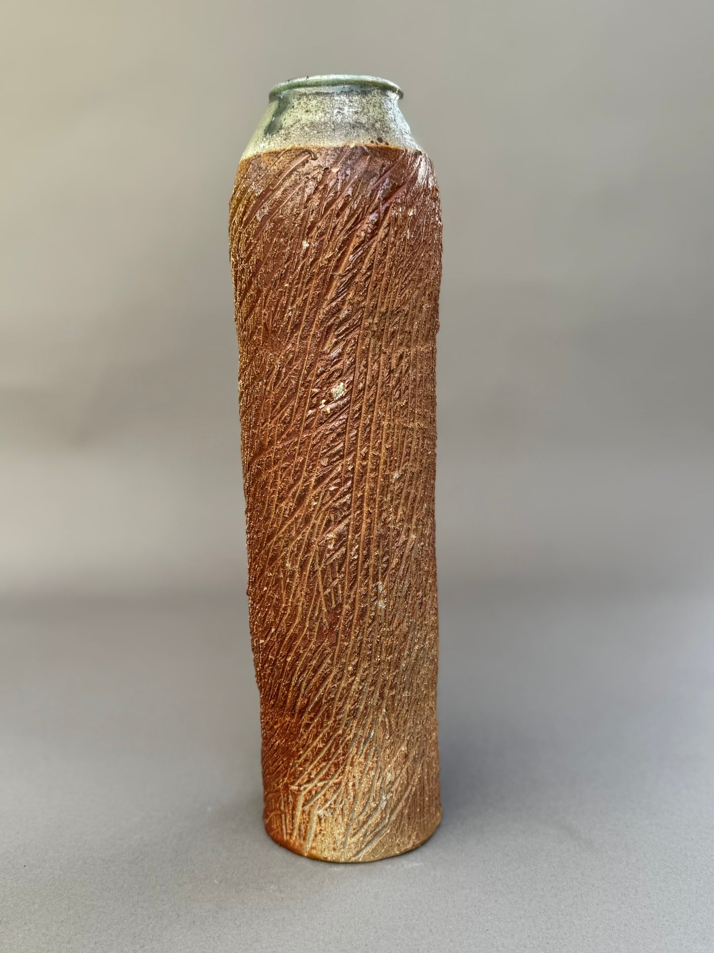Tall Textured Studio Pottery Vase with Glazed Rim – Signed Ceramic Art Piece