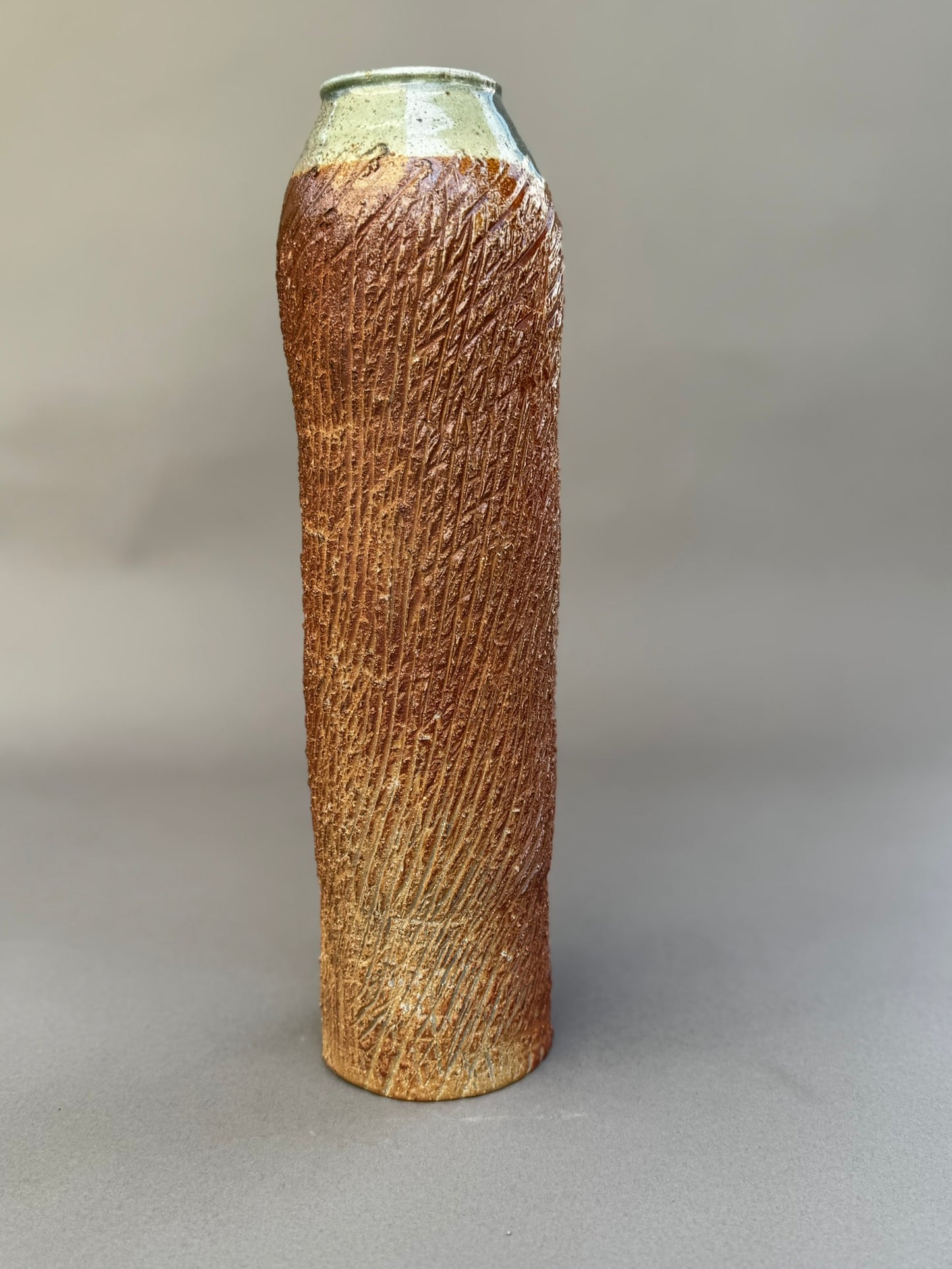 Tall Textured Studio Pottery Vase with Glazed Rim – Signed Ceramic Art Piece