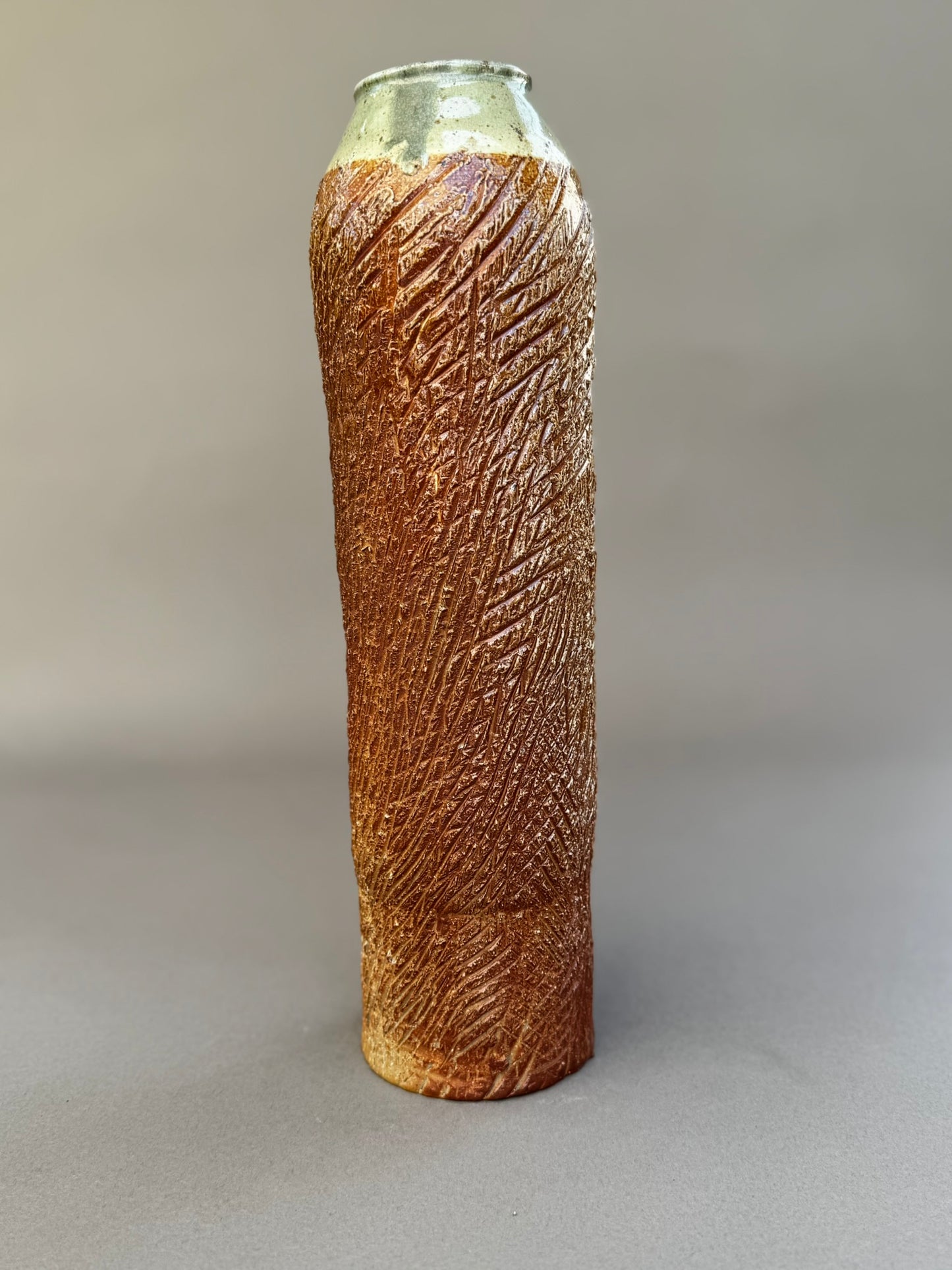 Tall Textured Studio Pottery Vase with Glazed Rim – Signed Ceramic Art Piece