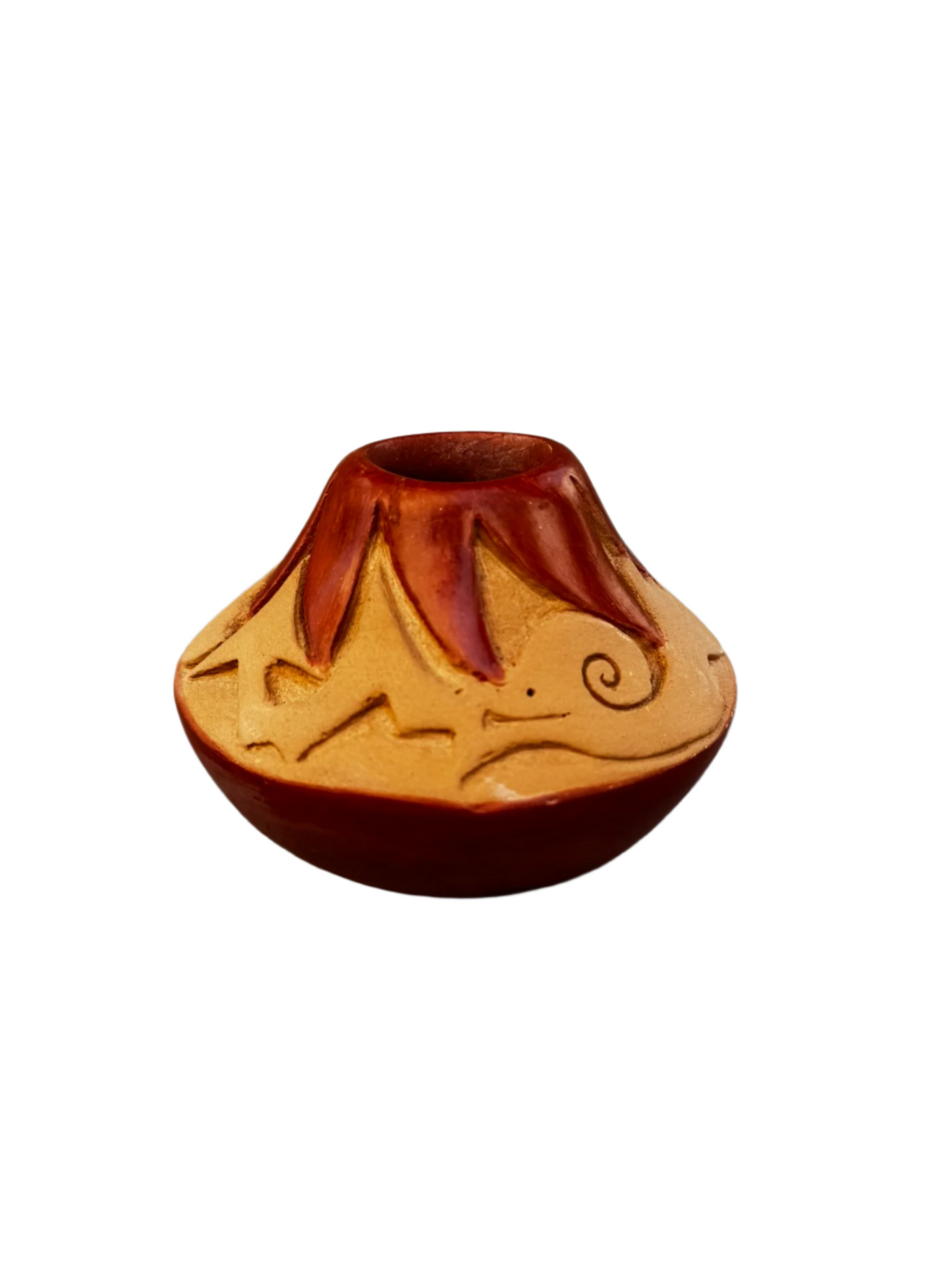 Signed Pu Wen Tsay Studio Art Pottery Vase – Miniature Hand-Carved & Glazed Ceramic with Organic Motifs