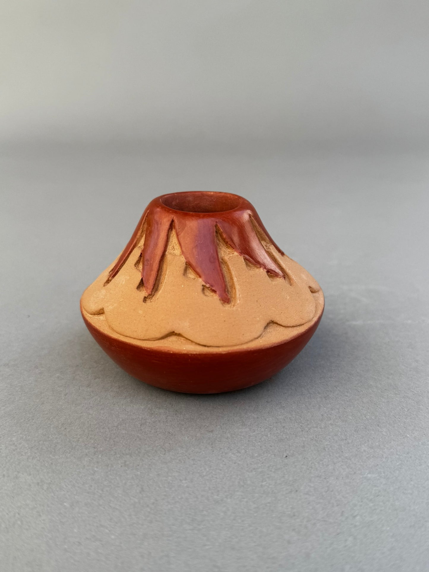Signed Pu Wen Tsay Studio Art Pottery Vase – Miniature Hand-Carved & Glazed Ceramic with Organic Motifs